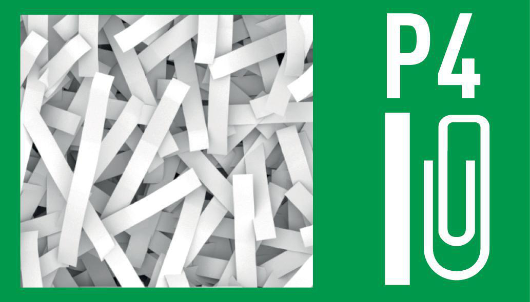 Das Bild zeigt geschreddertes weißes Papier mit einem grünen Rechteck auf der rechten Seite mit dem weißen Text 'P4' und einem Büroklammer-Symbol.