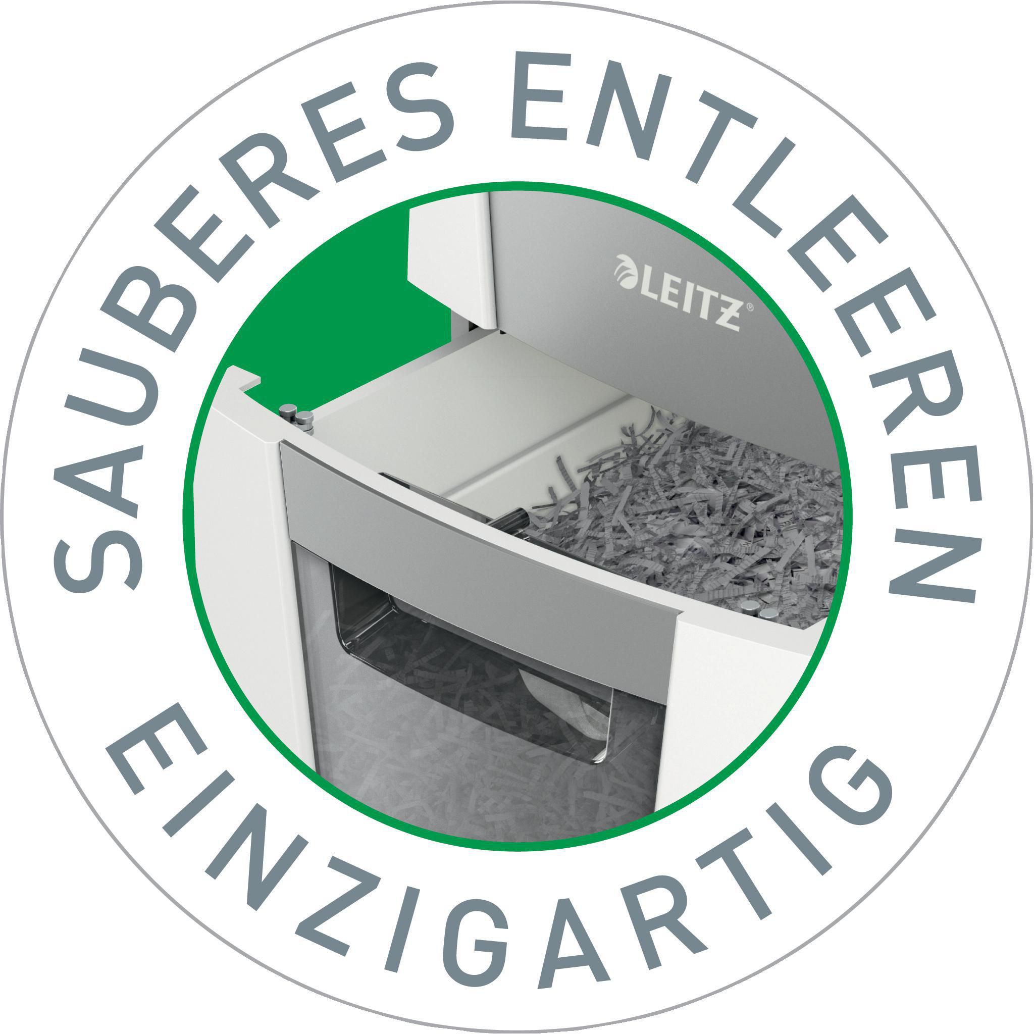 Ein Aktenvernichter mit Text in einem Kreis: 'Sauberes Entleeren, Einzigartig'. Das Leitz-Logo ist sichtbar.