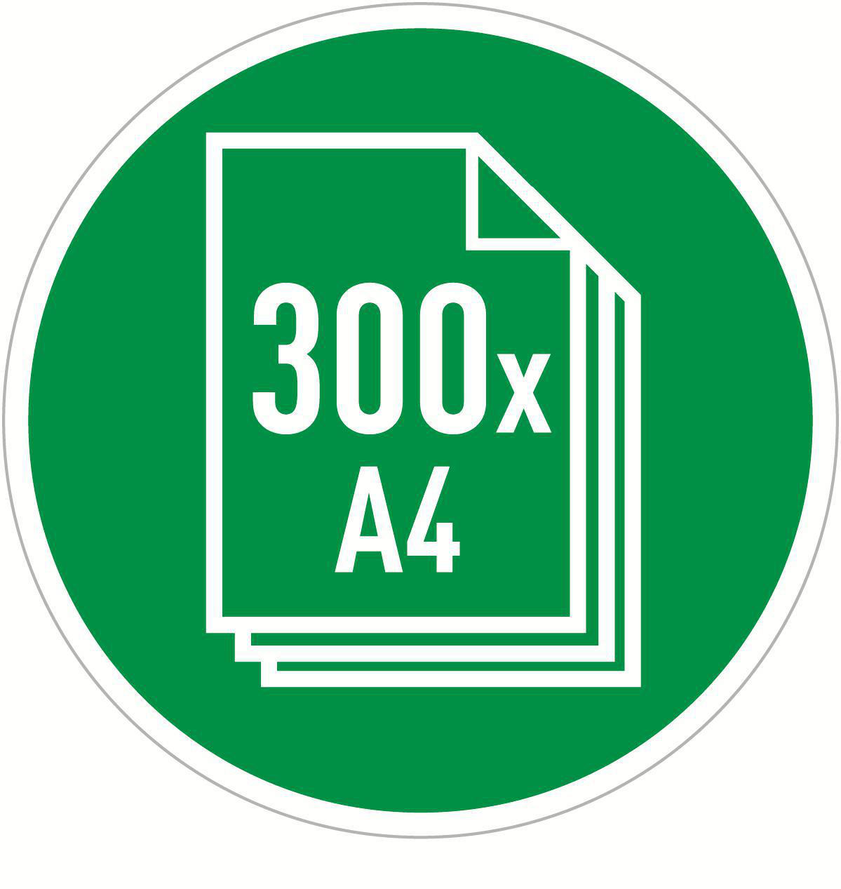 Ein grünes, kreisförmiges Schild mit weißem Text und Grafiken. Es zeigt einen Papierstapel mit dem Text '300x A4'.