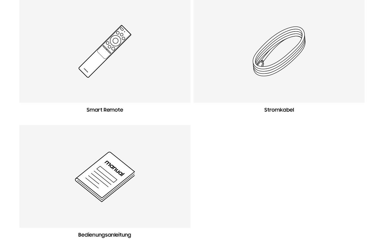 Drei Strichzeichnungen: Fernbedienung, Kabel und Handbuch. Die Fernbedienung ist mit "Smart Remote" beschriftet.