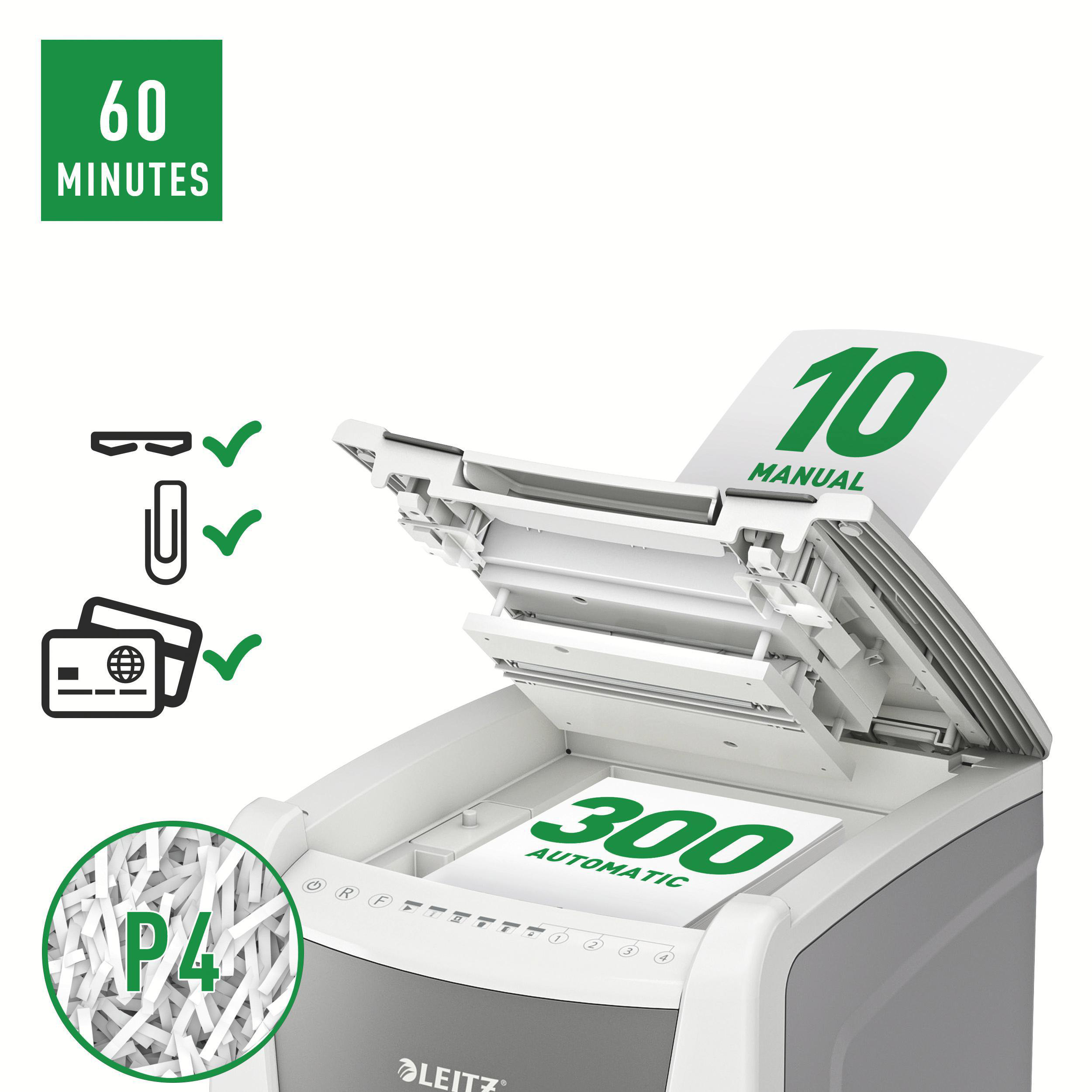 Aktenvernichter mit Papier, Symbolen und Text. Grüne Akzente mit Zahlen und Beschriftungen, darunter '60 Minuten' und '300 automatic'.