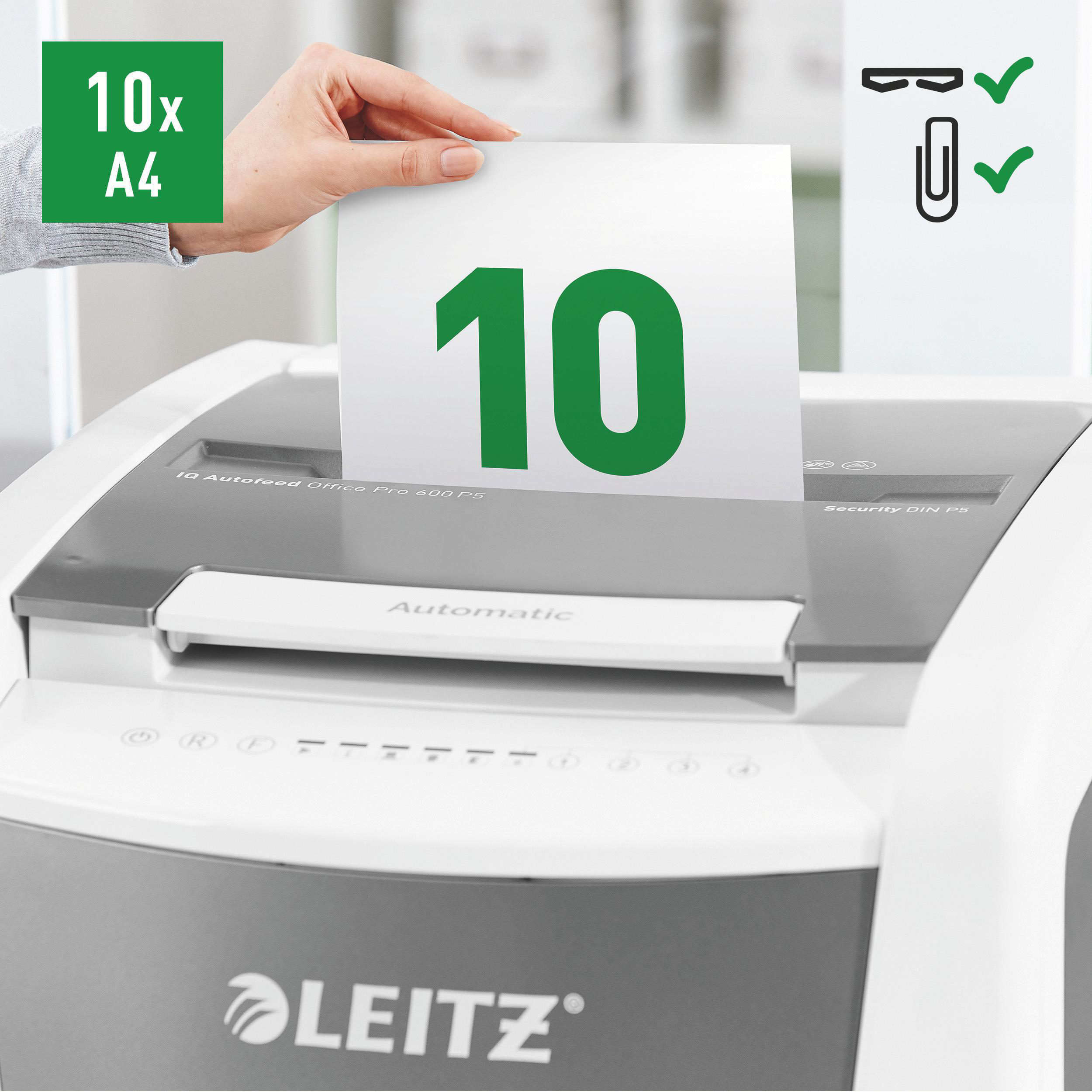 LEITZ IQ Autofeed Office Pro 600 Automatischer Aktenvernichter, Weiß