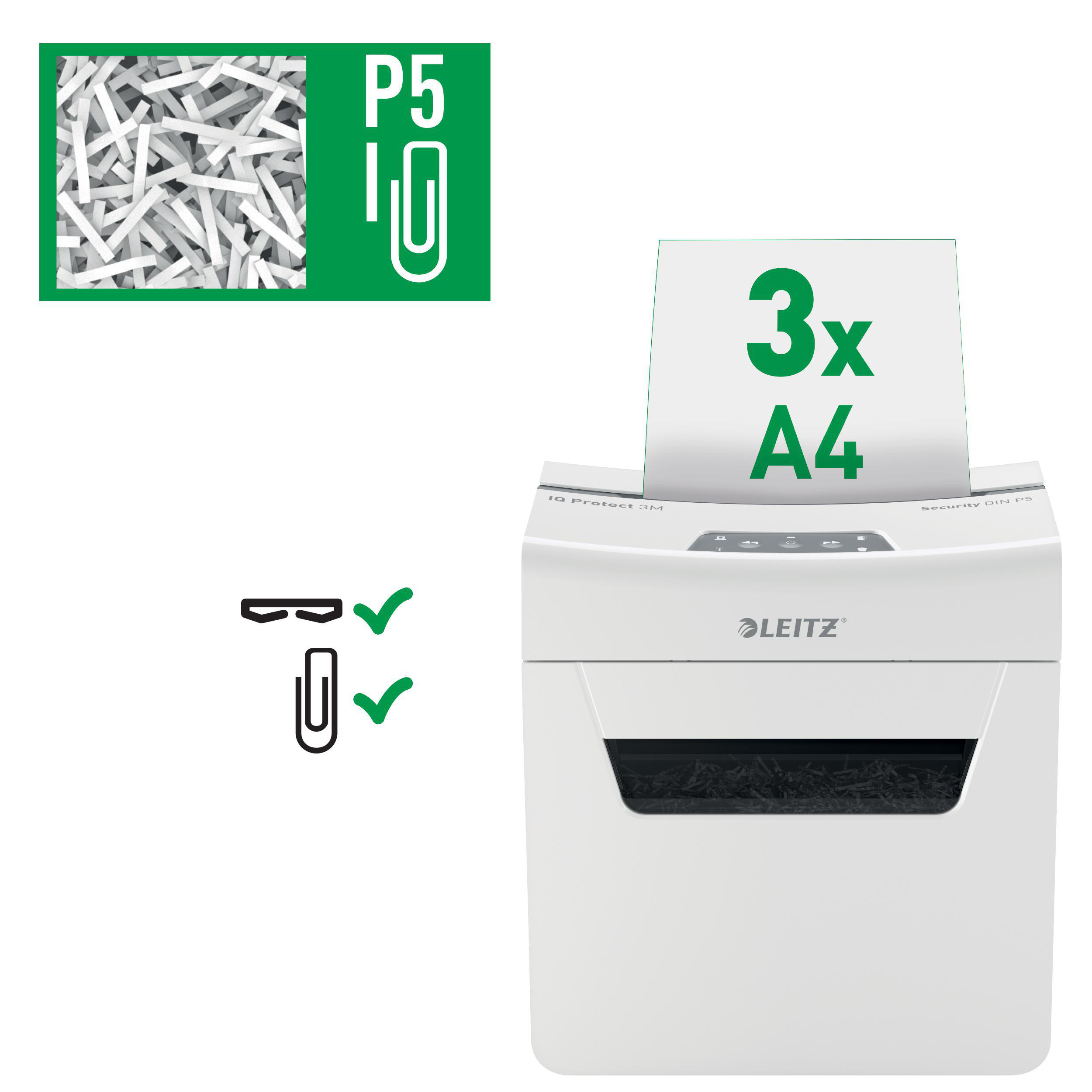 White paper shredder with paper pieces and icons.