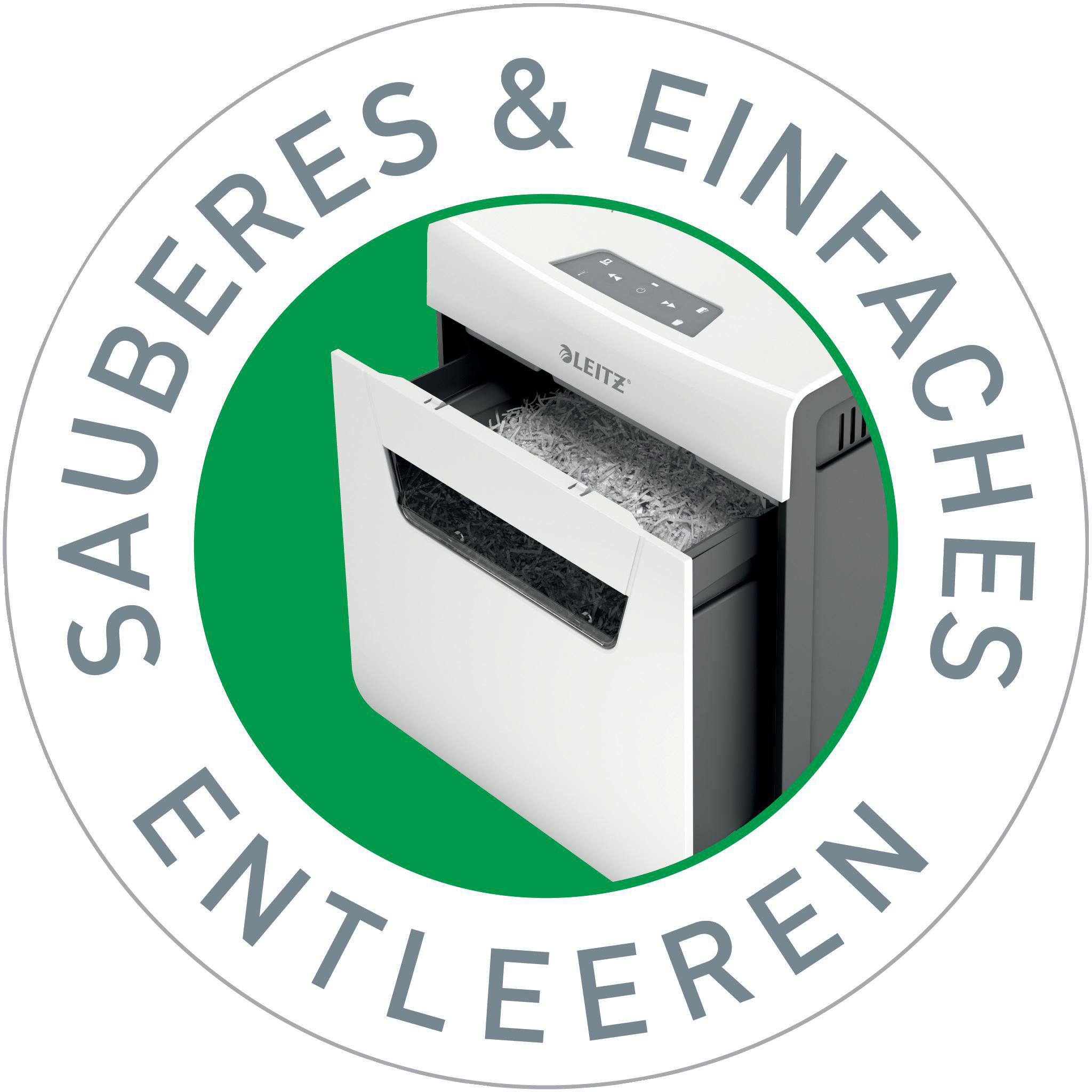 Kreisförmige Grafik mit einem Aktenvernichter in der Mitte. Text: Sauber & Einfaches Entleeren.