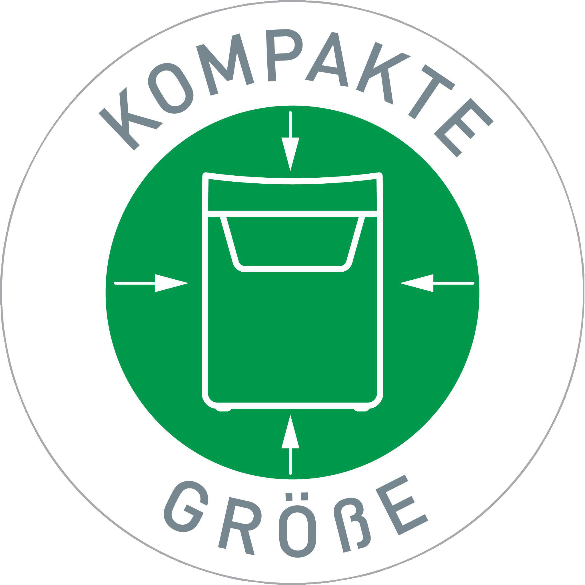 Ein grünes und weißes kreisförmiges Etikett mit den Worten 'KOMPAKTE GRÖBE' und einem Symbol.