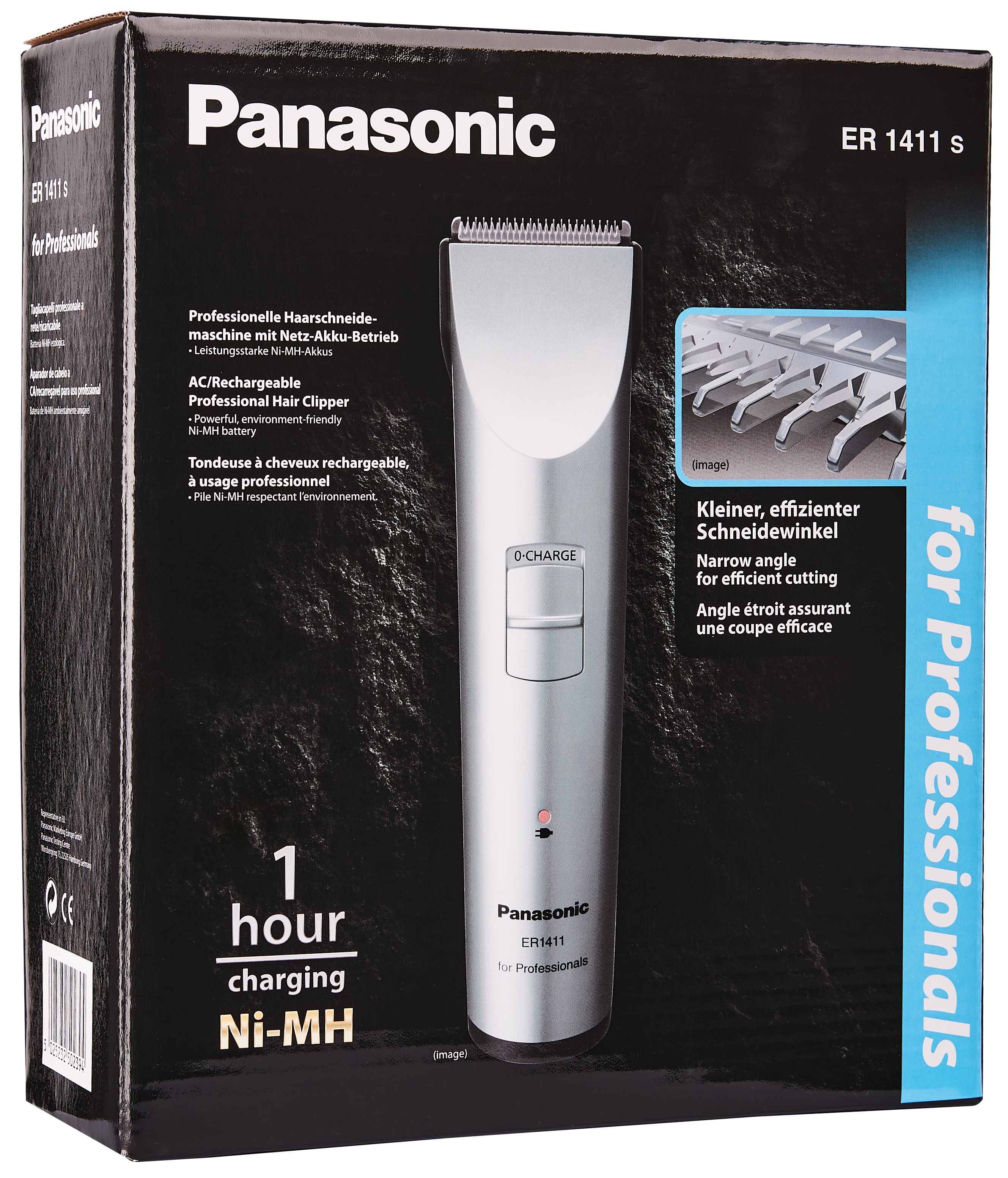 Panasonic Haarschneider in schwarzer Box. Text und Bild des Haarschneiders sichtbar.