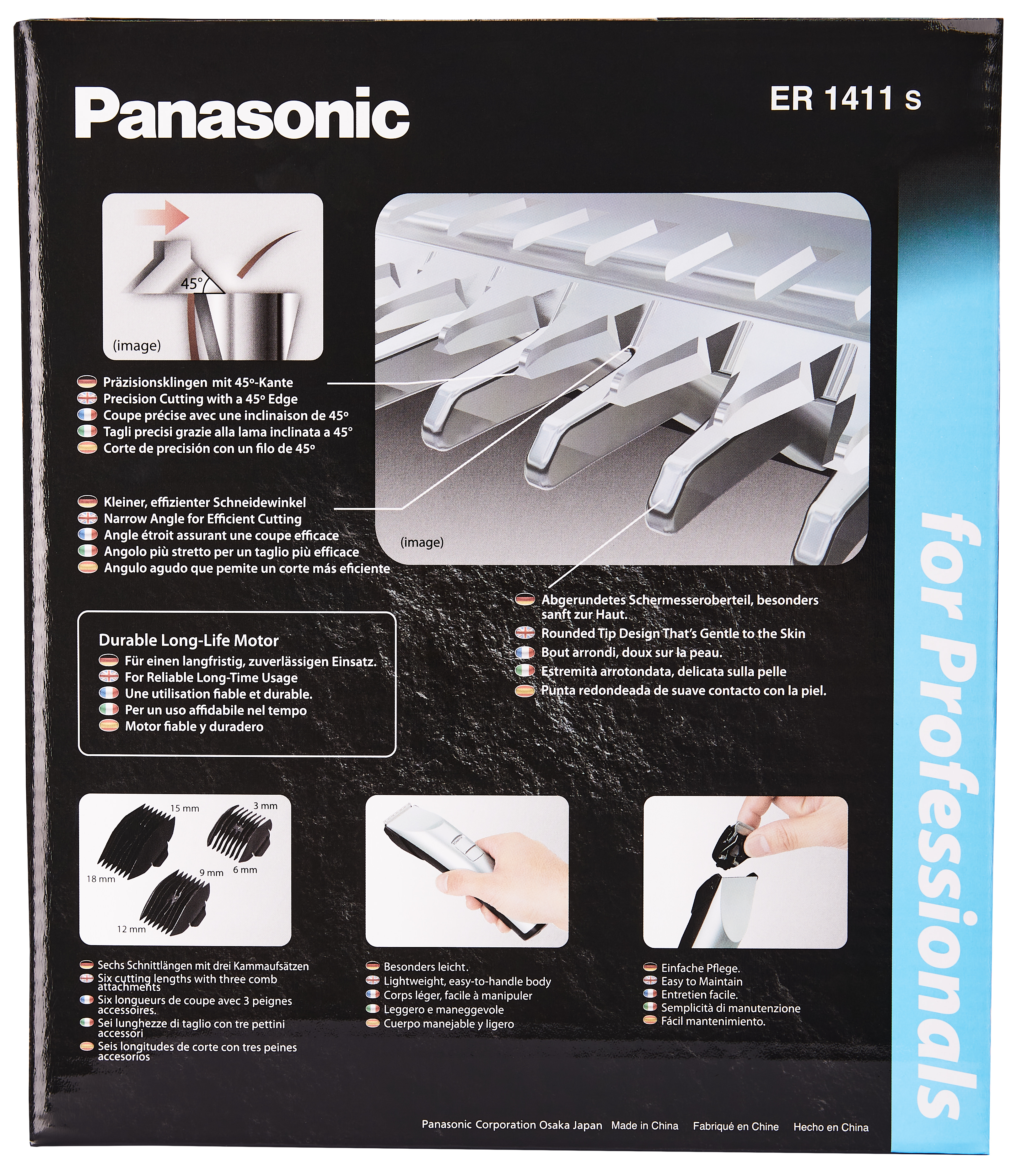 Box mit Produktdetails. Text und Diagramme eines Panasonic Trimmers.