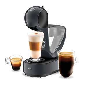 Schwarze und graue Kaffeemaschine mit drei Tassen Kaffee.