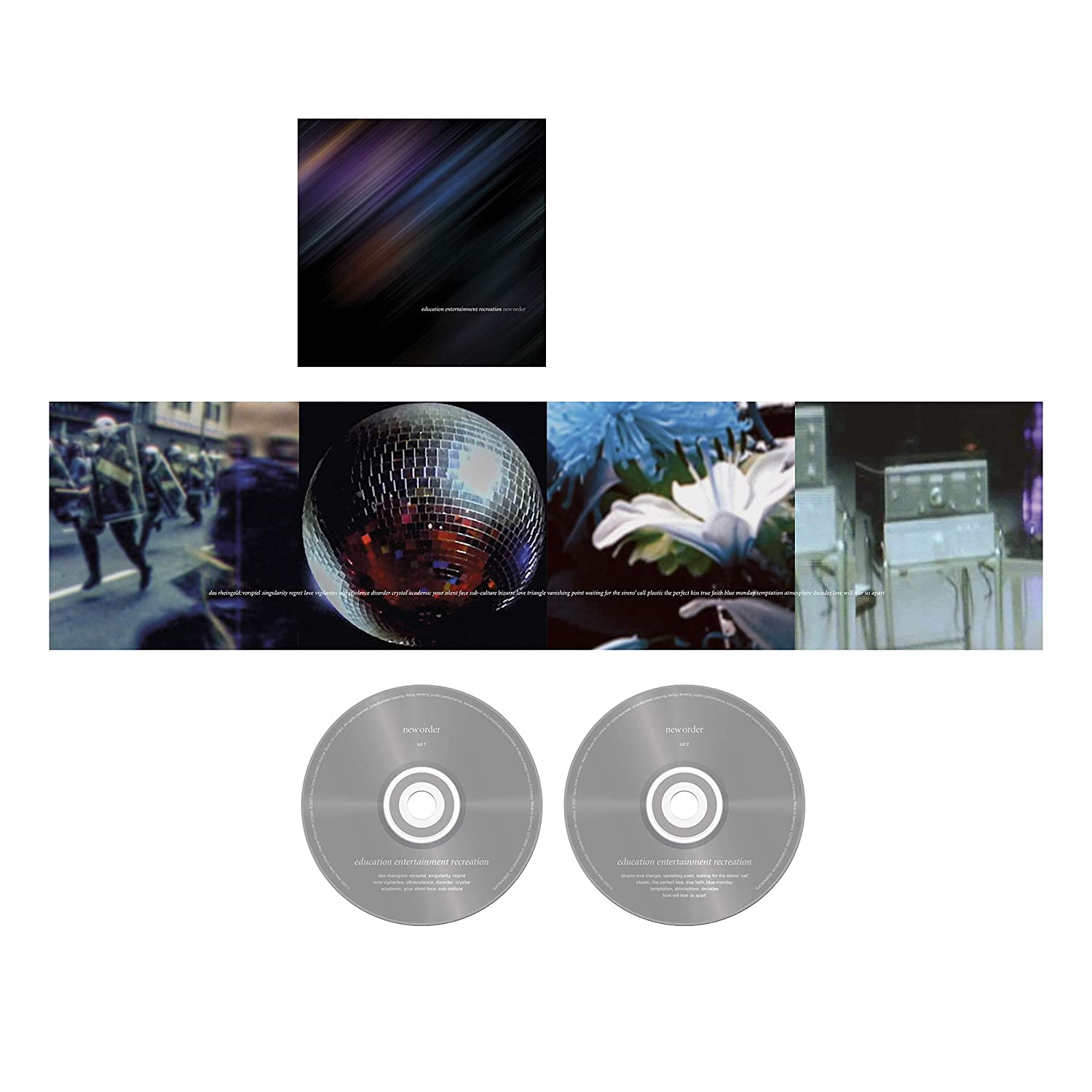 Album borító különféle képekkel, köztük zenészekkel, virágokkal és egy tükörlabdával. Két CD.