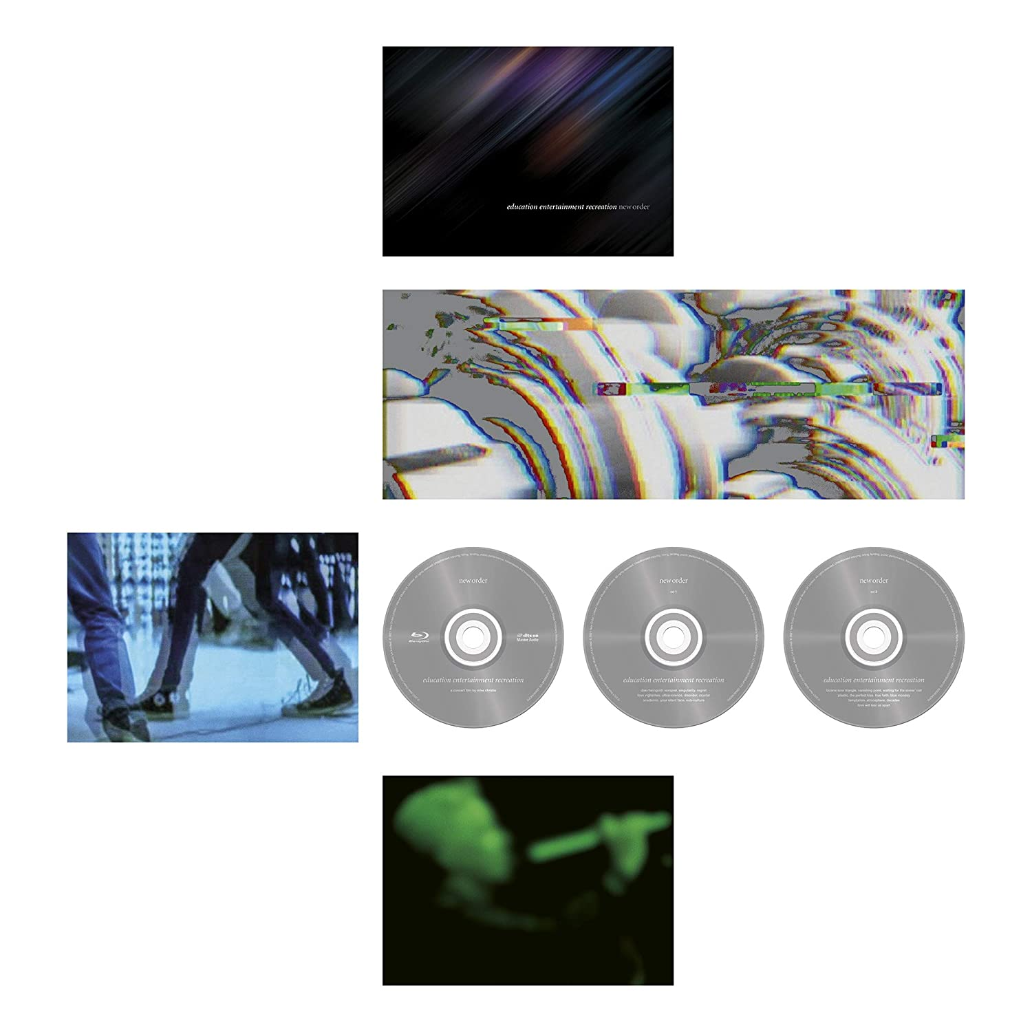 Több kép. Album borító, absztrakt művészet, mozgókép emberekről és három CD.