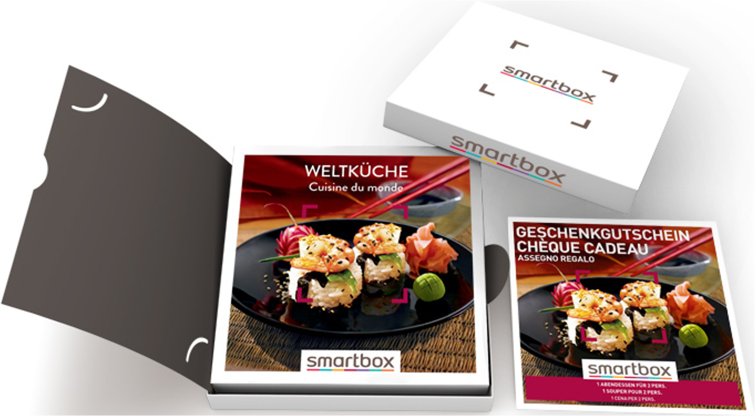 Set regalo Smartbox con sushi su un piatto, una confezione regalo e un buono regalo.