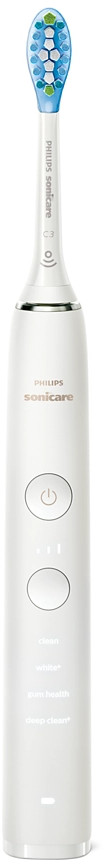 An electric toothbrush. It is white, with a blue and white brush head.