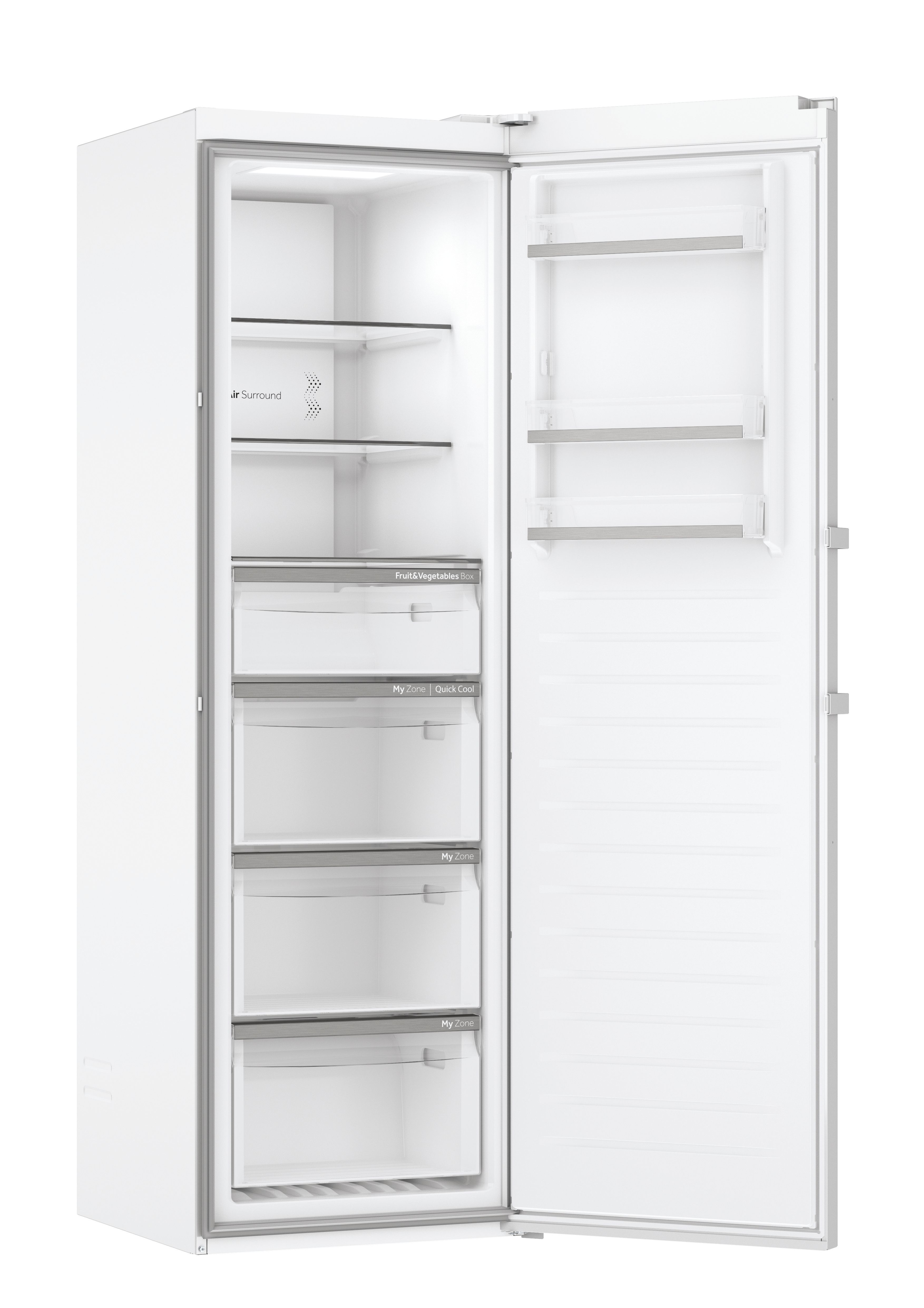 Weißer Kühlschrank, offene Tür. Innenregale, Schubladen und Etiketten wie 'Fruit & Vegetables Box' und 'My Zone Quick Cool'.
