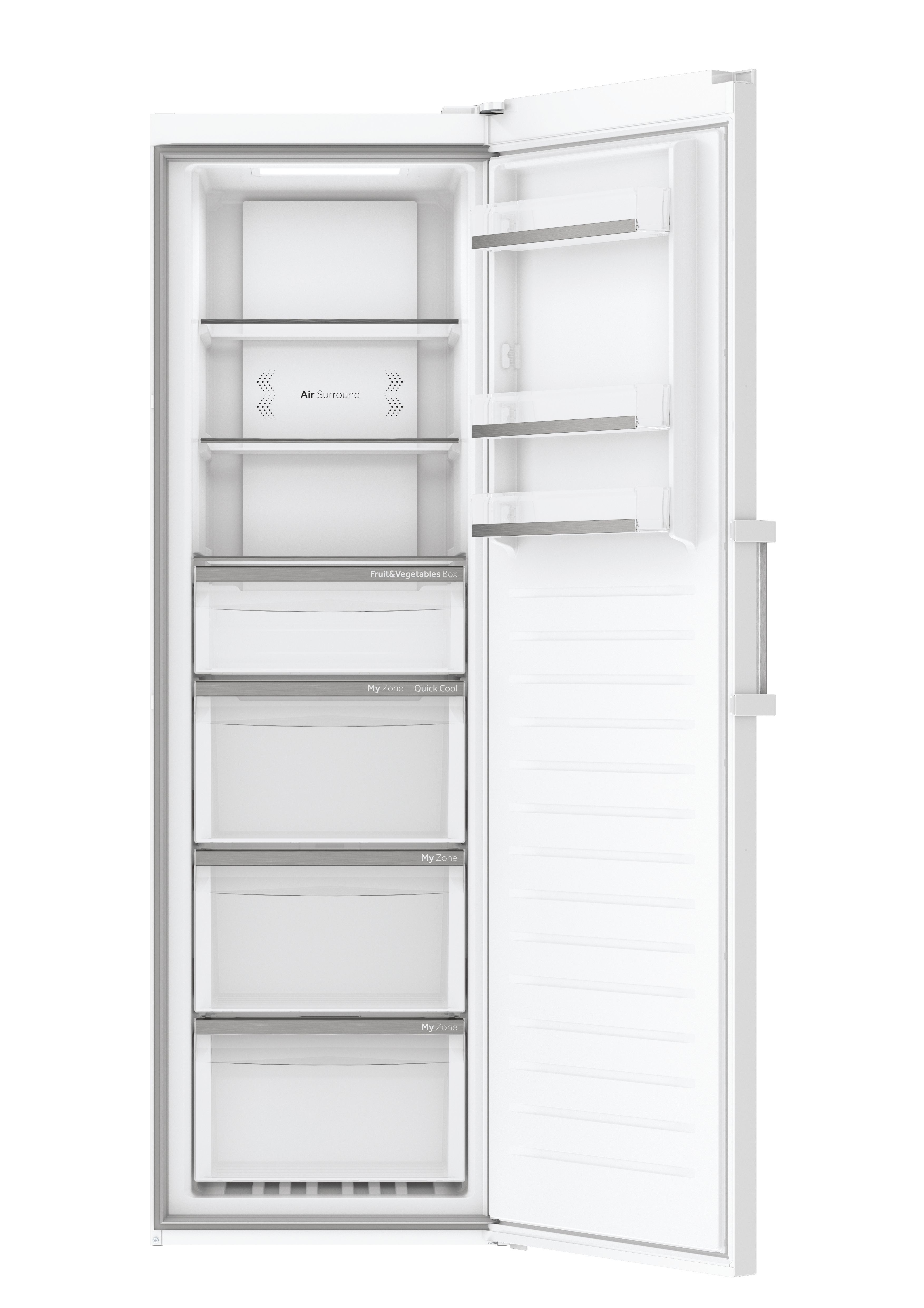 Weißer Kühlschrank mit offener Tür, zeigt Regale und Schubladen.