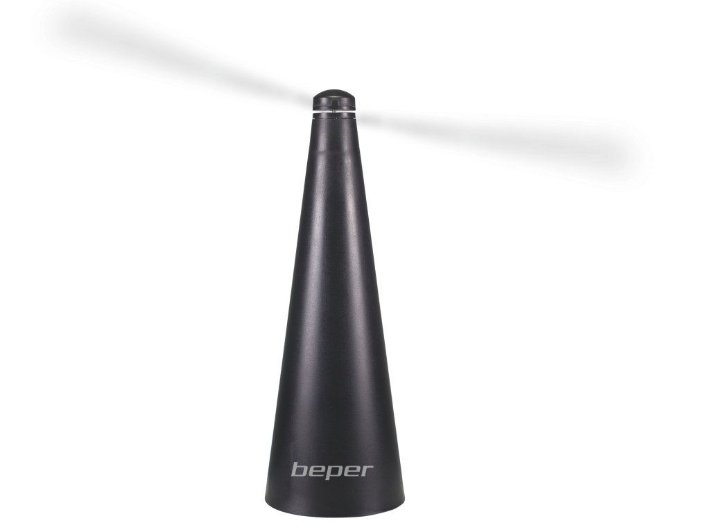 Ventilateur anti-mouches Beper noir avec pales rotatives, sur fond blanc.