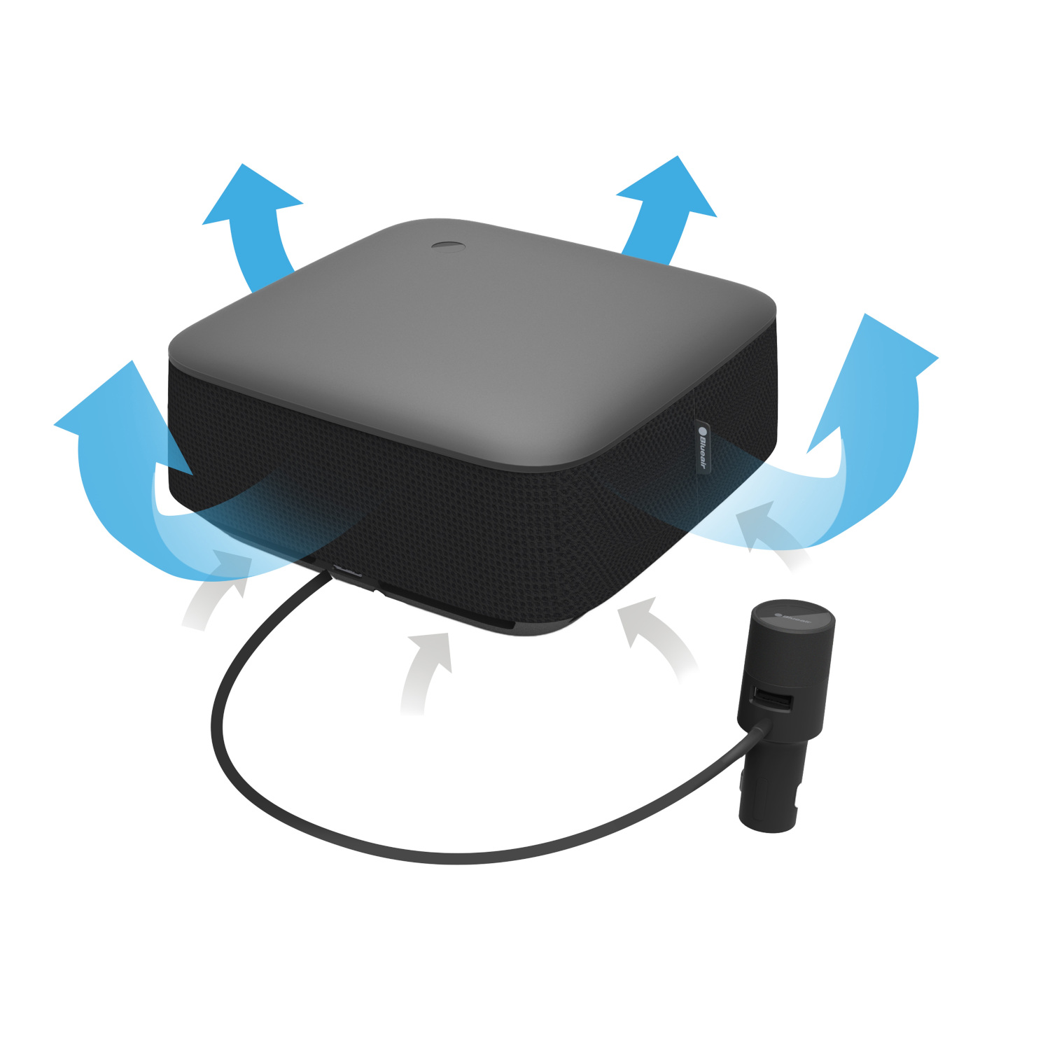 A black and gray device with blue arrows showing the airflow, and a black hose.