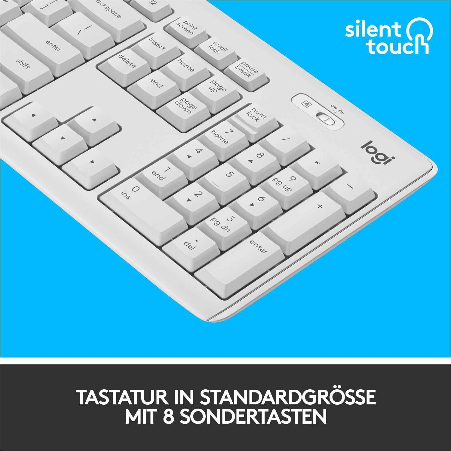 Weiße Tastatur mit schwarzem Rahmen, die Tasten zeigend, mit dem Text "silent touch" oben.