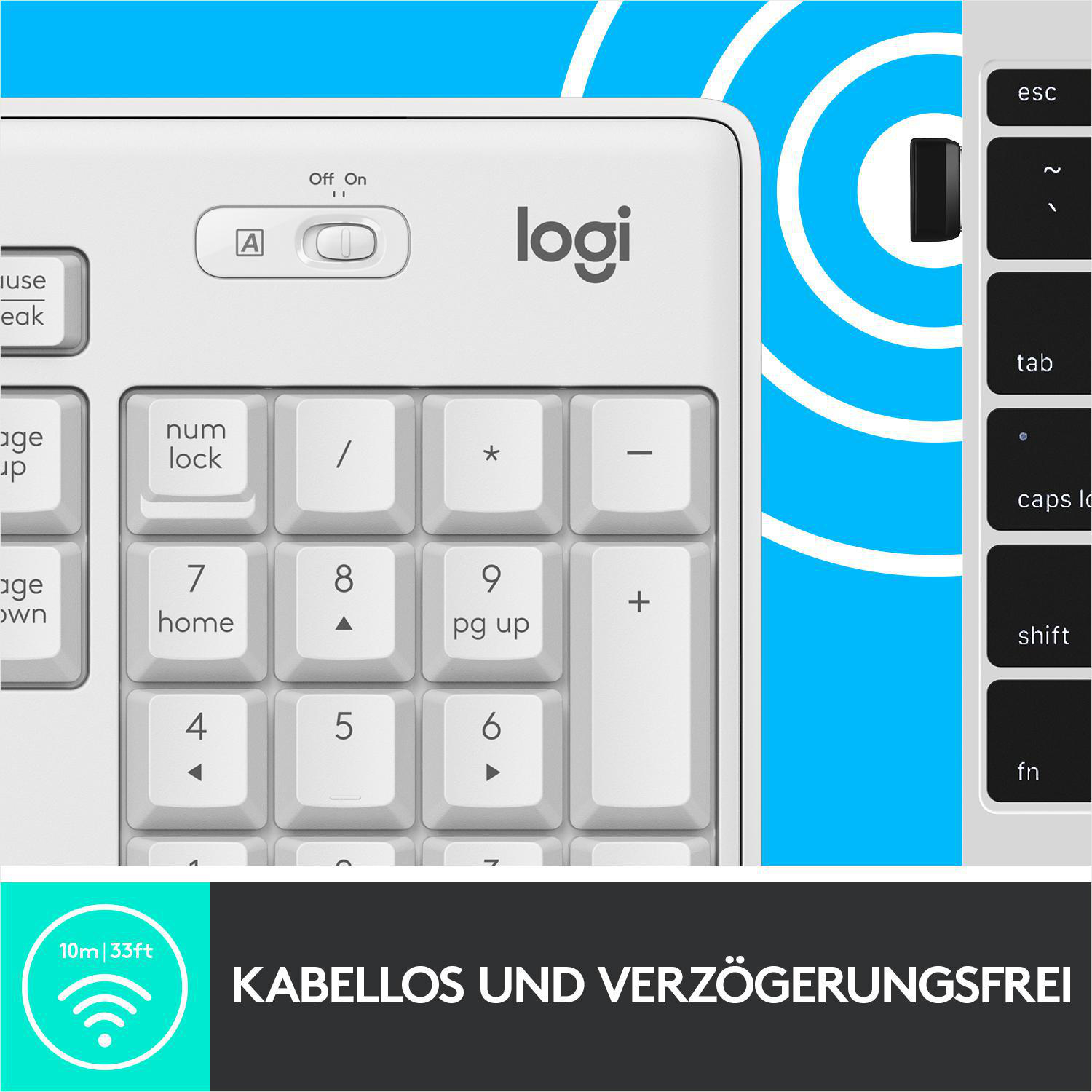 Nahaufnahme einer weißen Tastatur mit Nummernblock und Funktionstasten. Das Wort 'Logi' ist sichtbar.