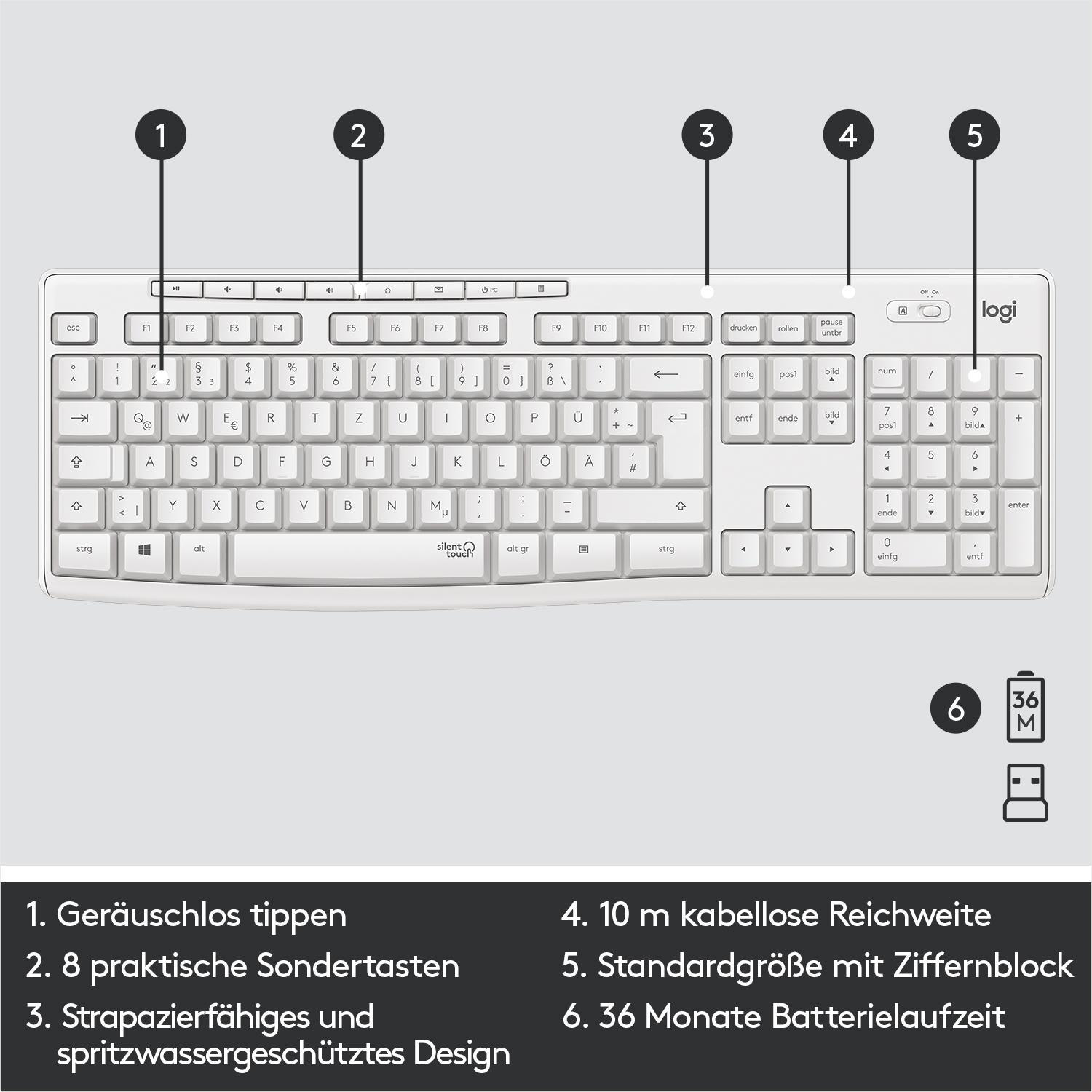 Weiße Tastatur mit nummerierten Tasten, Funktionstasten und Logitech-Logo. Zahlen und Text schwarz.
