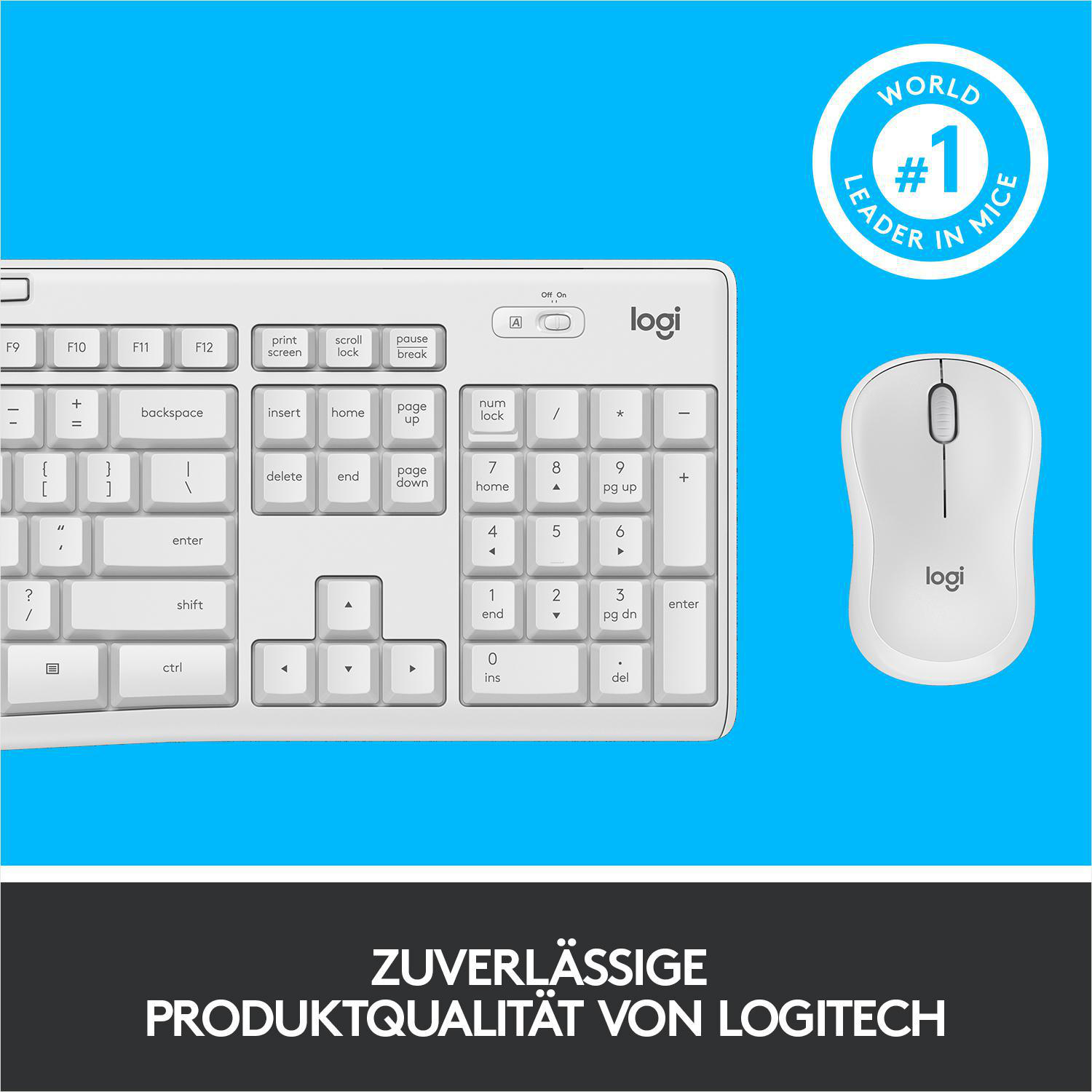Weiße Tastatur und Maus auf blauem Hintergrund. Die Maus hat das Logo 'Logi'.