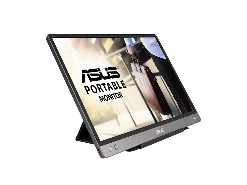 Monitor portátil Asus, en ángulo. Muestra a una persona en traje en el fondo.