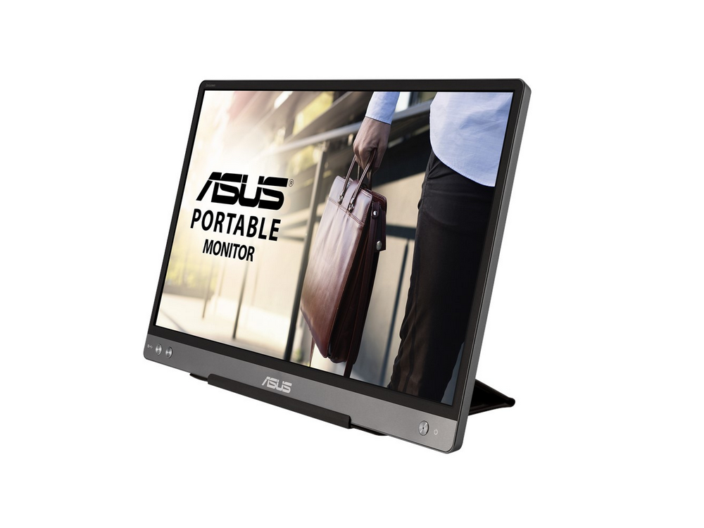 Monitor portátil Asus con una imagen de maletín en la pantalla, sostenido por una persona.