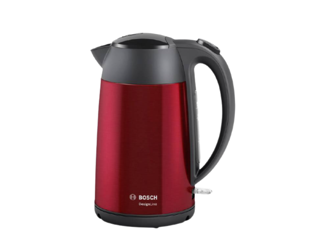 Hervidor de agua - Bosch TWK3P424, 2400 W, 1.7 l, Indicador de nivel, Acero inoxidable, Rojo