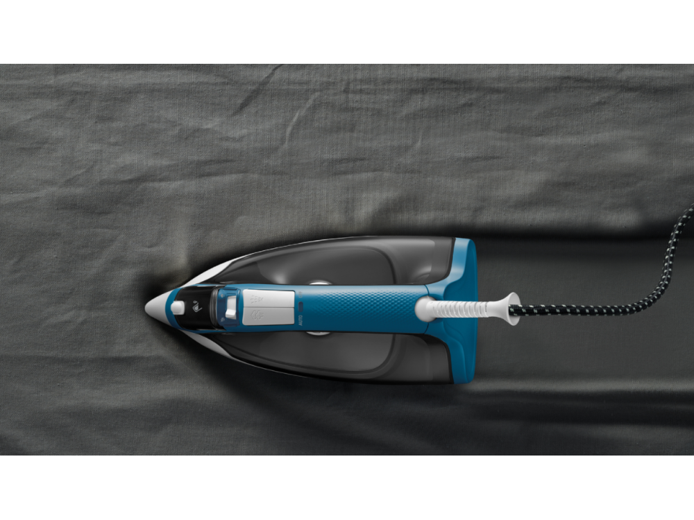 Plancha sobre tela gris con diseño negro y azul.