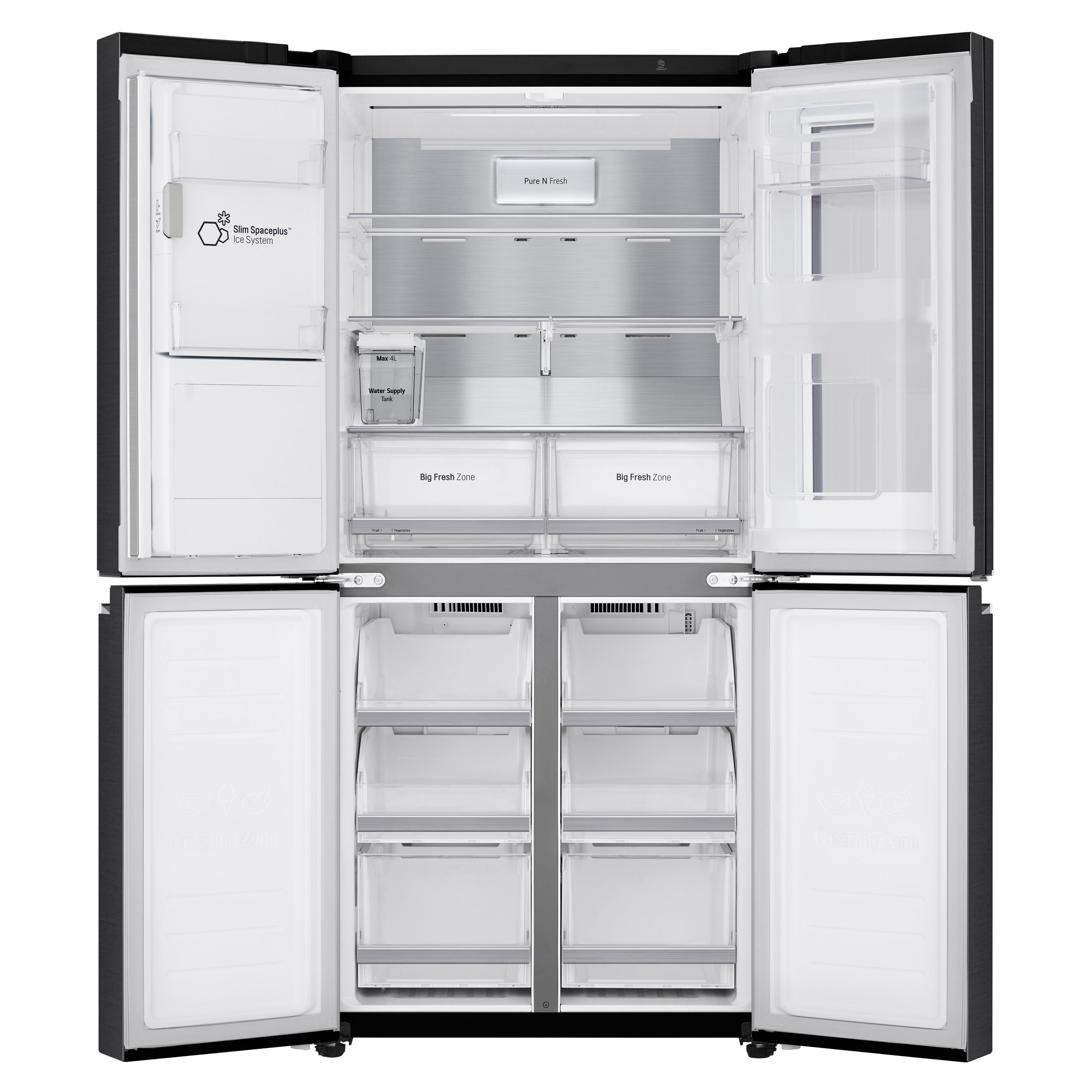 Schwarzer Kühlschrank mit geöffneten Türen und Innenansicht. Schubladen, Regale und Eisbereiter sichtbar.