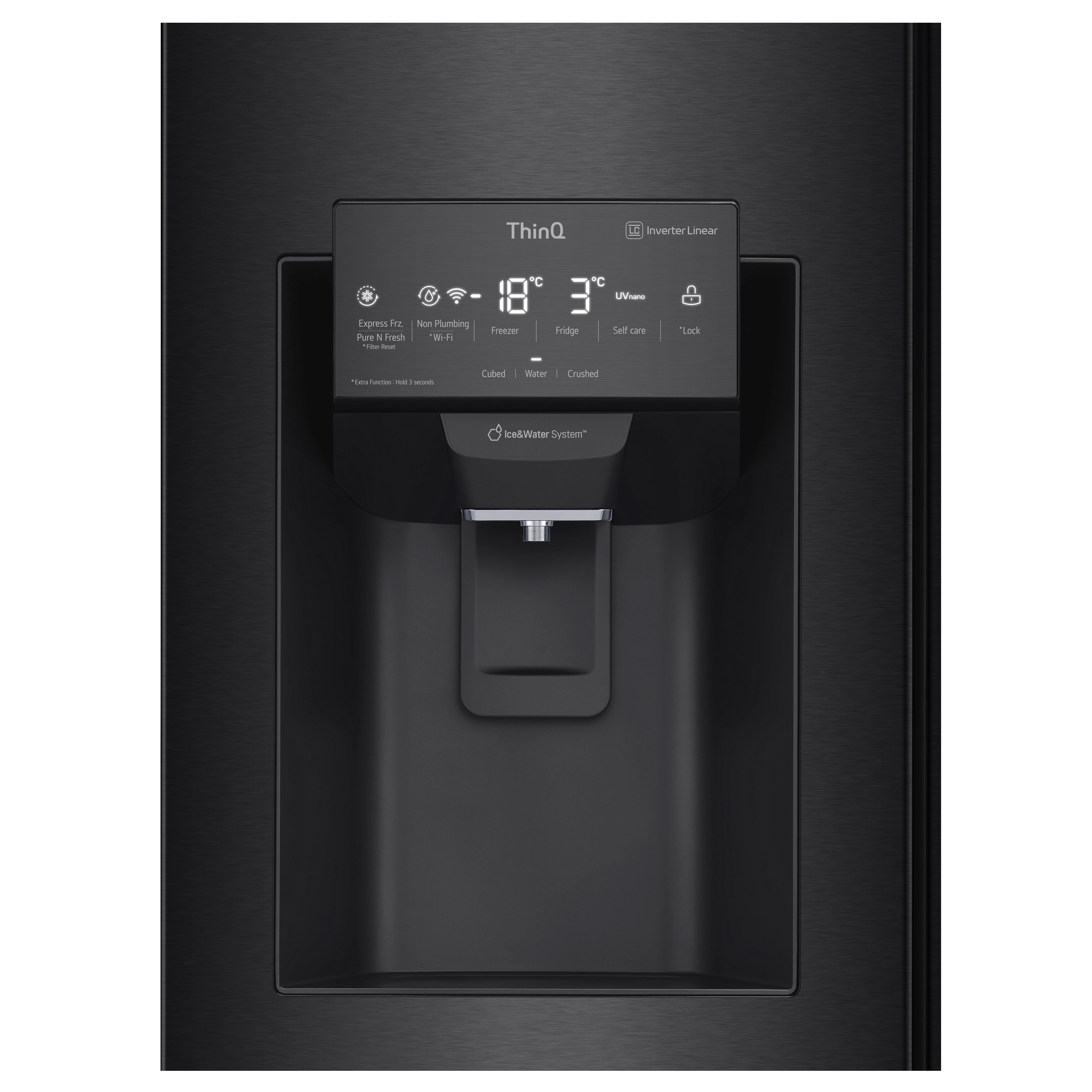 Schwarzer LG Kühlschrank mit Digitalanzeige und Wasserspender.