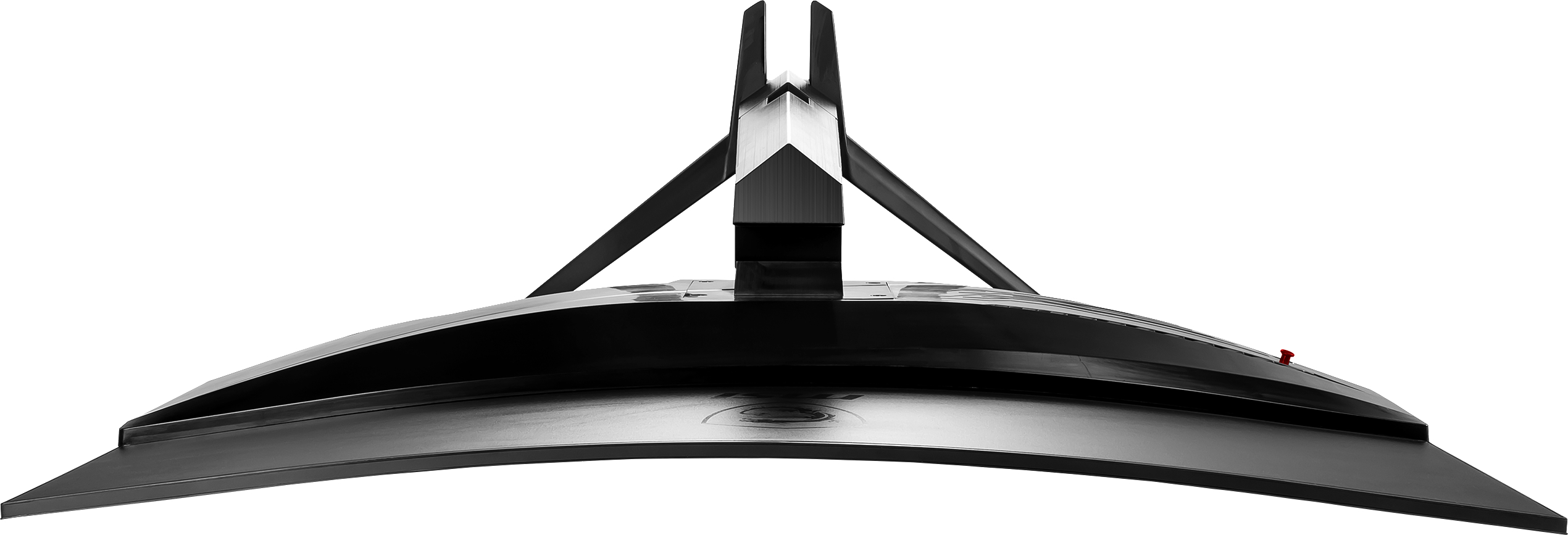 Gebogener schwarzer Computermonitor aus einem niedrigen Winkel, der seine Basis zeigt.