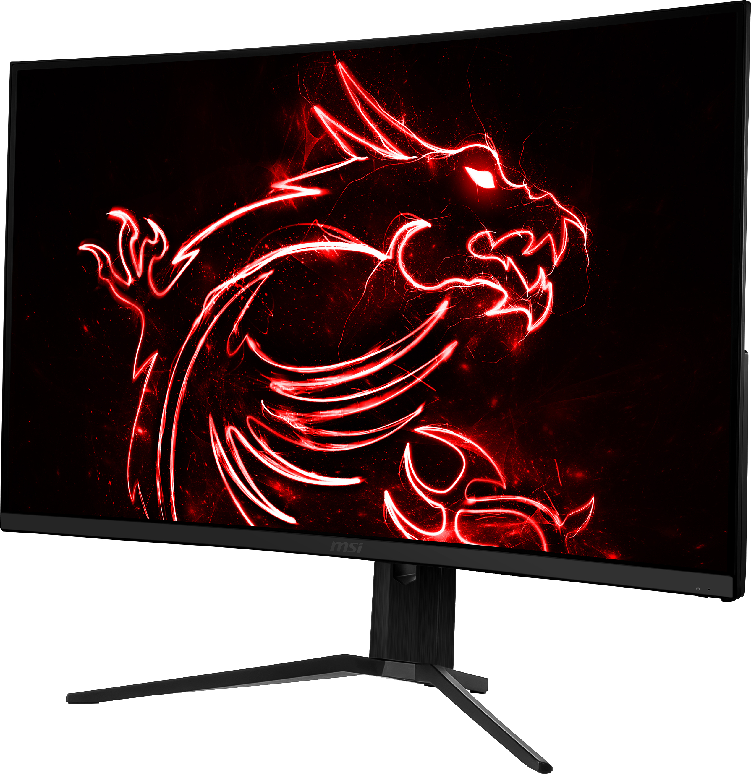 MSI Curved Gaming Monitor mit roter Drachengrafik auf schwarzem Hintergrund.