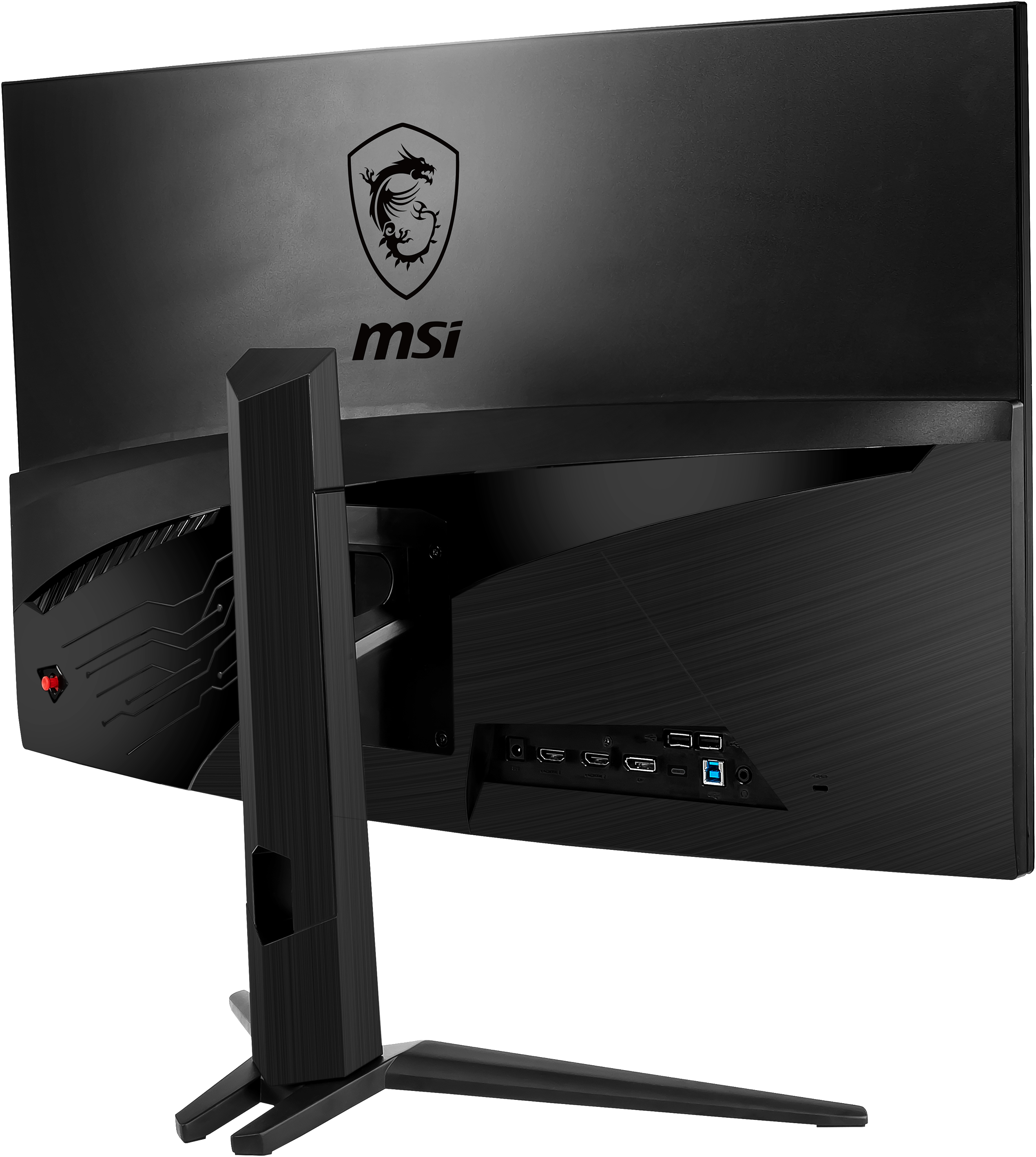 Rückansicht eines schwarzen MSI Gaming-Monitors mit Ständer und Anschlüssen, mit MSI-Logo auf der Rückseite.