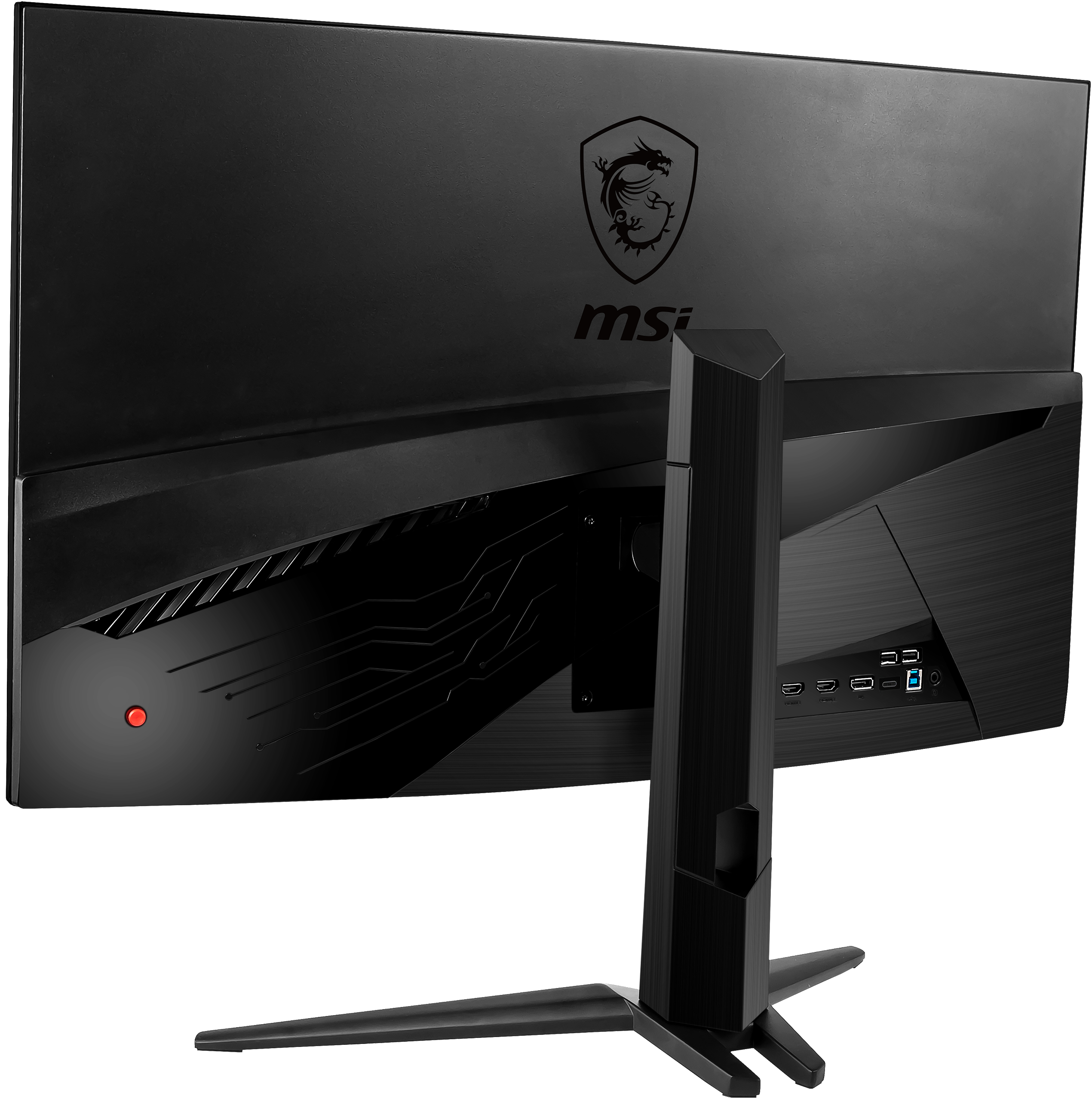 Rückseite eines schwarzen Computermonitors mit MSI-Logo und Anschlüssen.