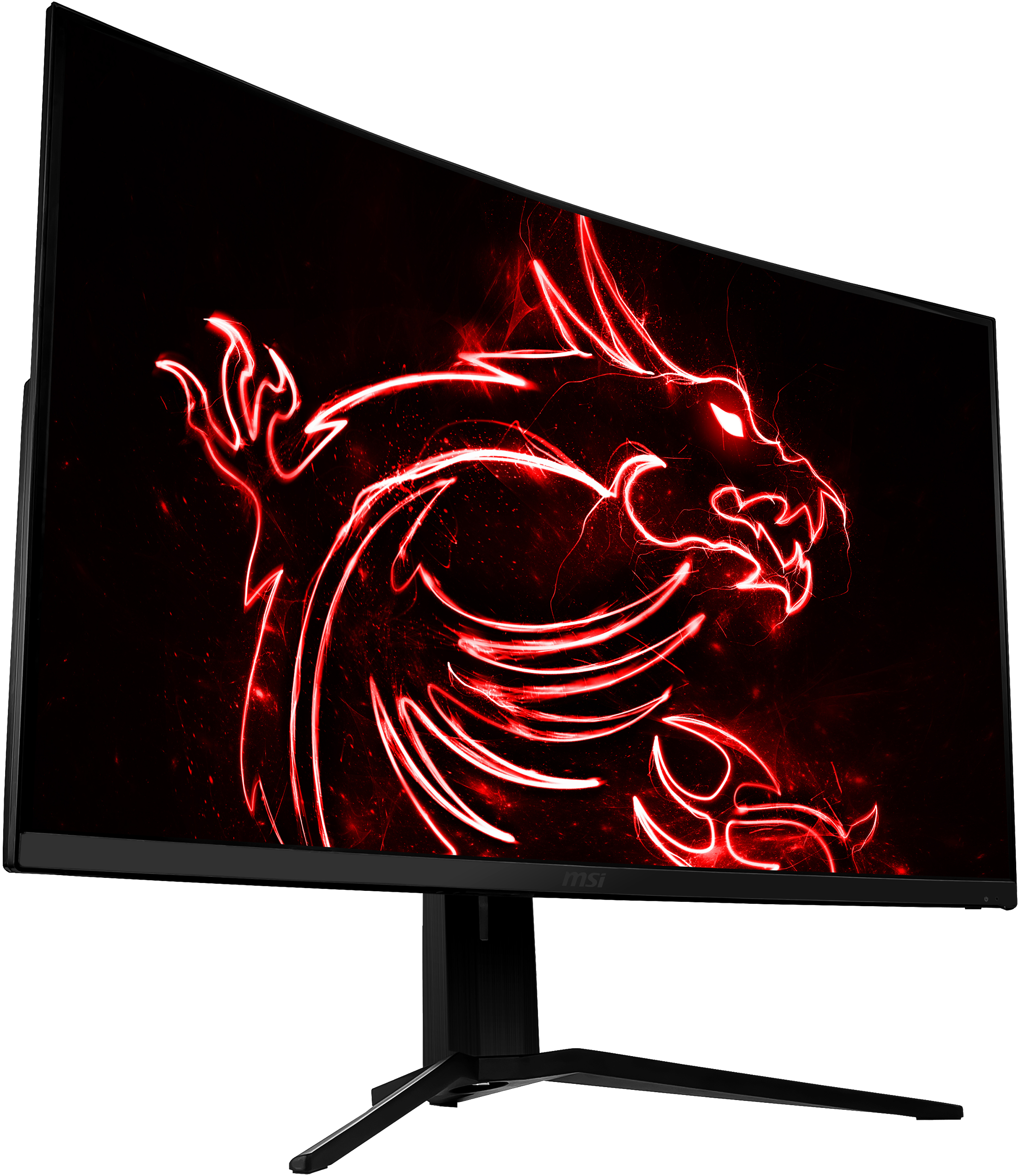 Schwarzer, gewölbter Monitor mit rotem Drachenbild.