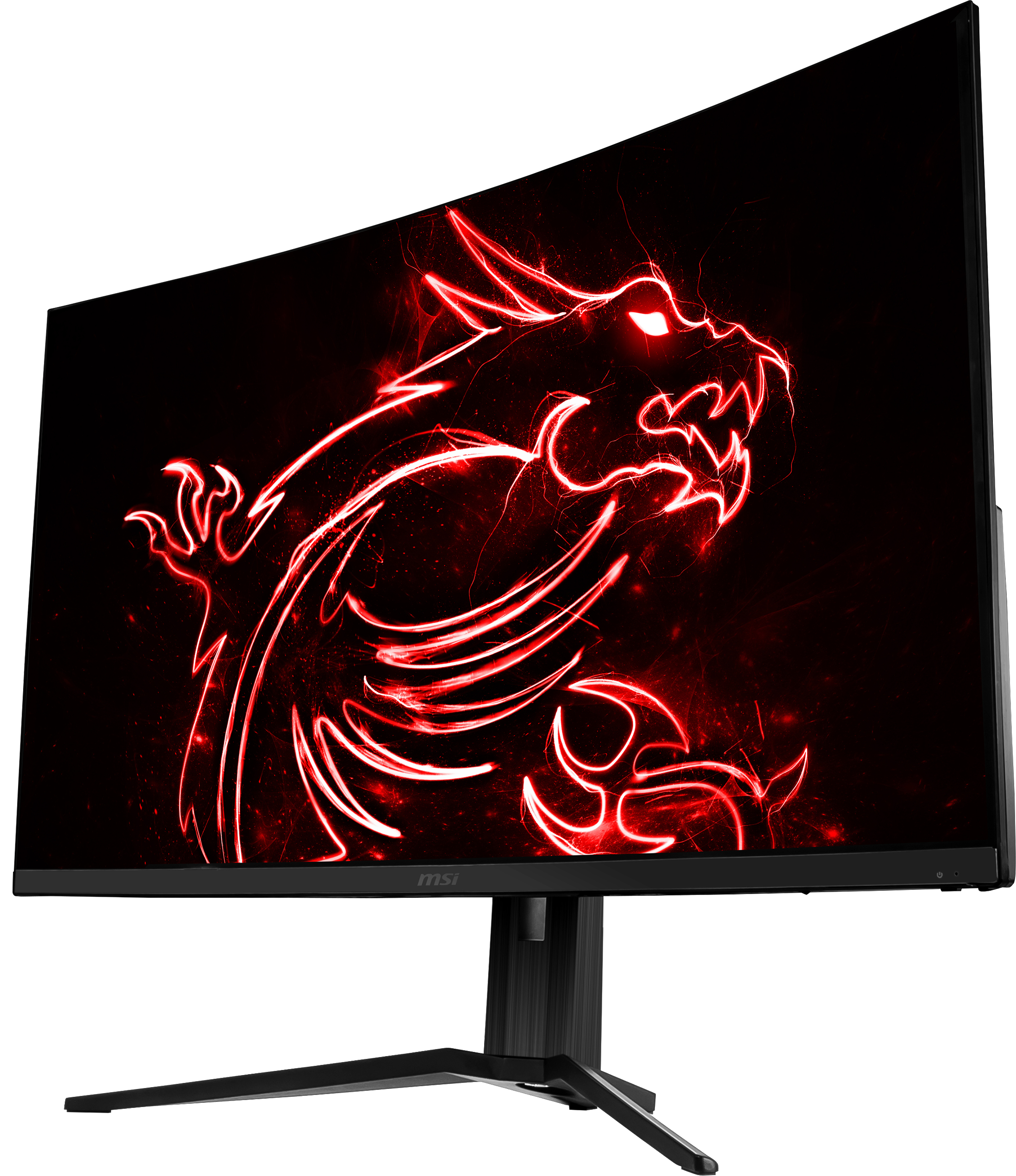 Ein gebogener MSI Gaming-Monitor mit einer Drachengrafik auf schwarzem Hintergrund.