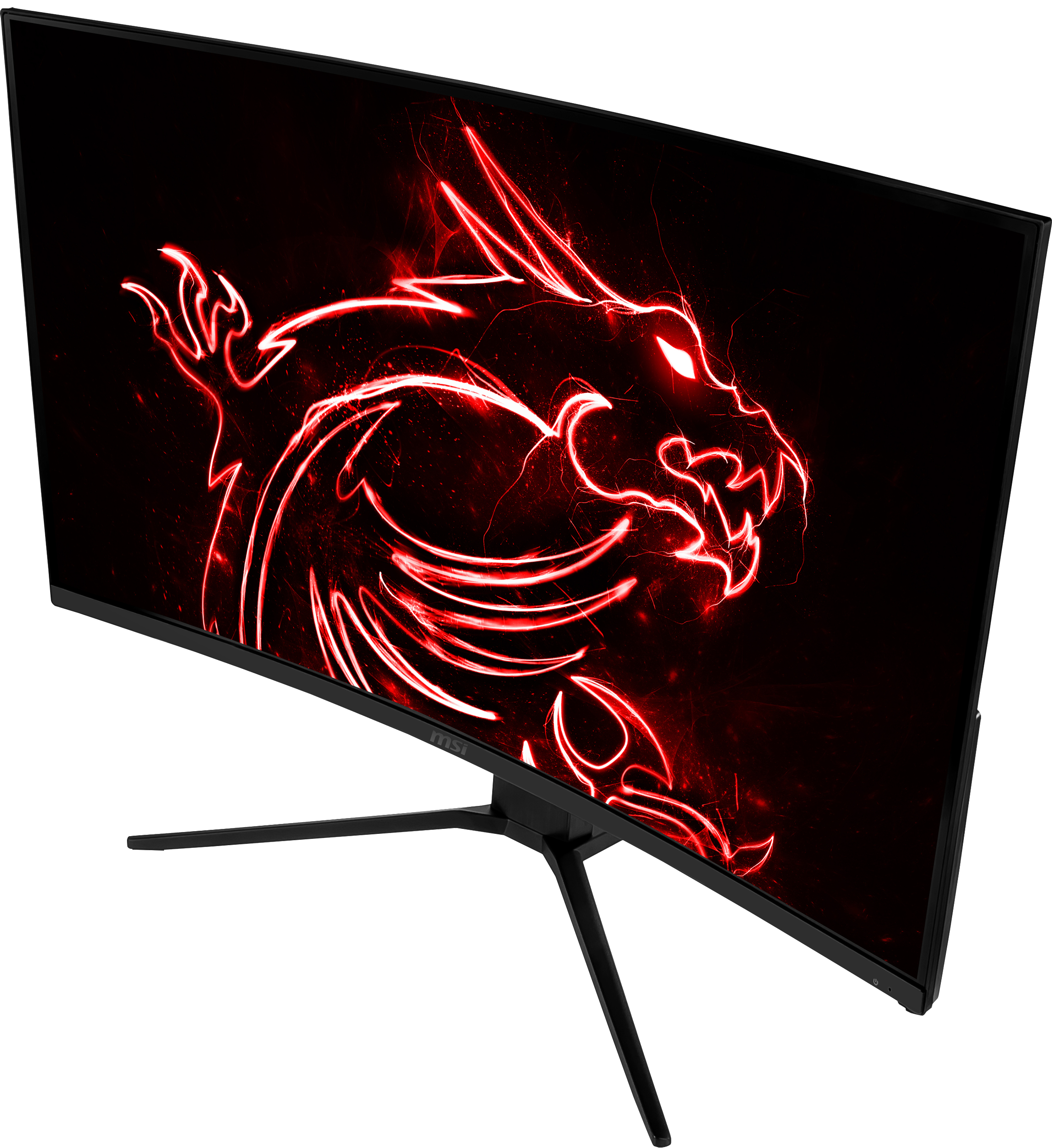 Gebogener Gaming-Monitor mit Drachen-Grafik auf rotem Hintergrund.