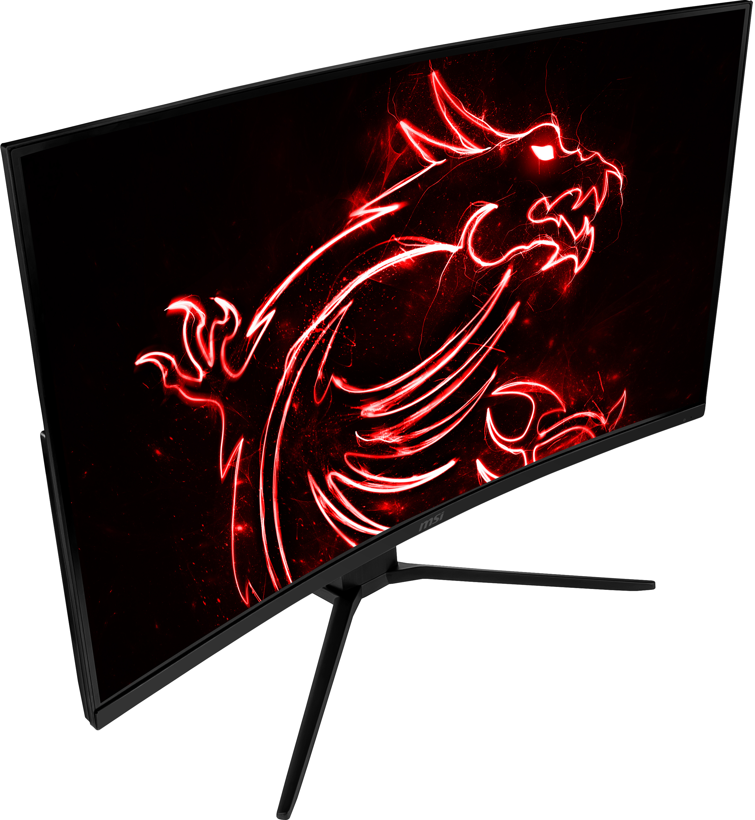 MSI Curved Gaming Monitor mit rotem Drachendesign auf dem Bildschirm. Schwarzer Ständer und Rahmen.