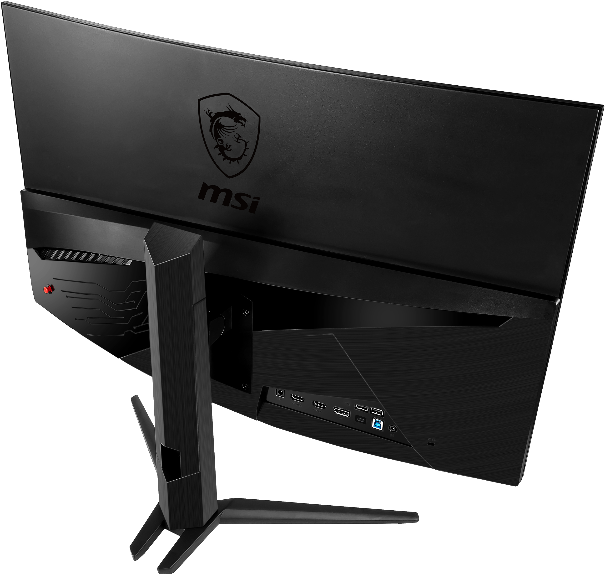 Ein schwarzer MSI-Monitor mit Ständer, von unten. Das MSI-Logo ist oben sichtbar.