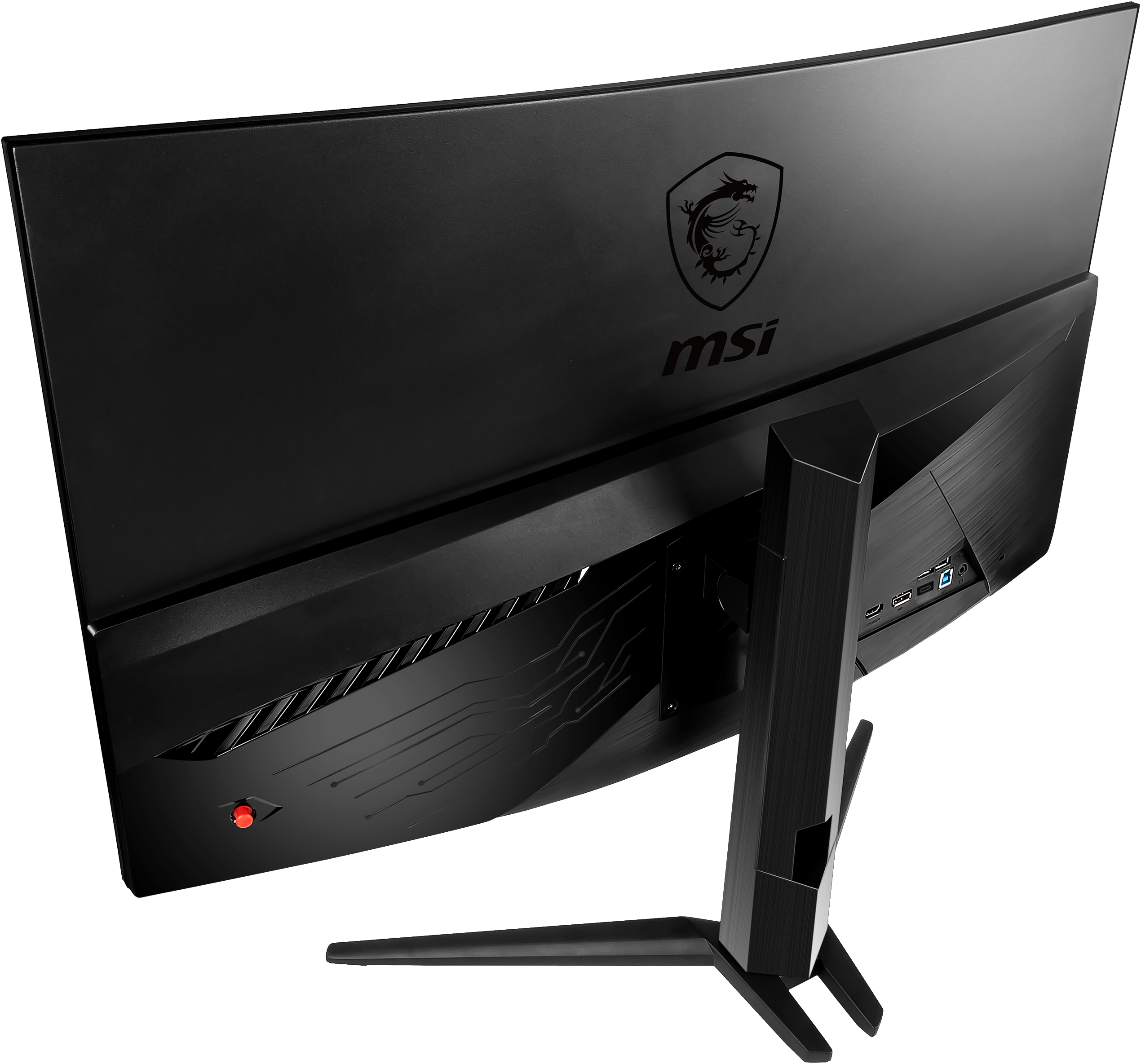 Schwarzer, gebogener MSI-Monitor. Rückseite zeigt Logo und Anschlüsse, Ständer befestigt.