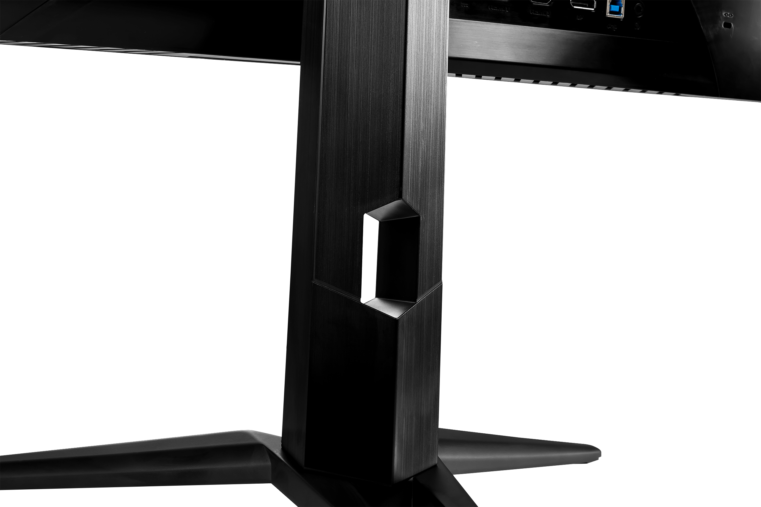 Nahaufnahme eines schwarzen Monitorständers mit metallisch strukturierter Oberfläche.
