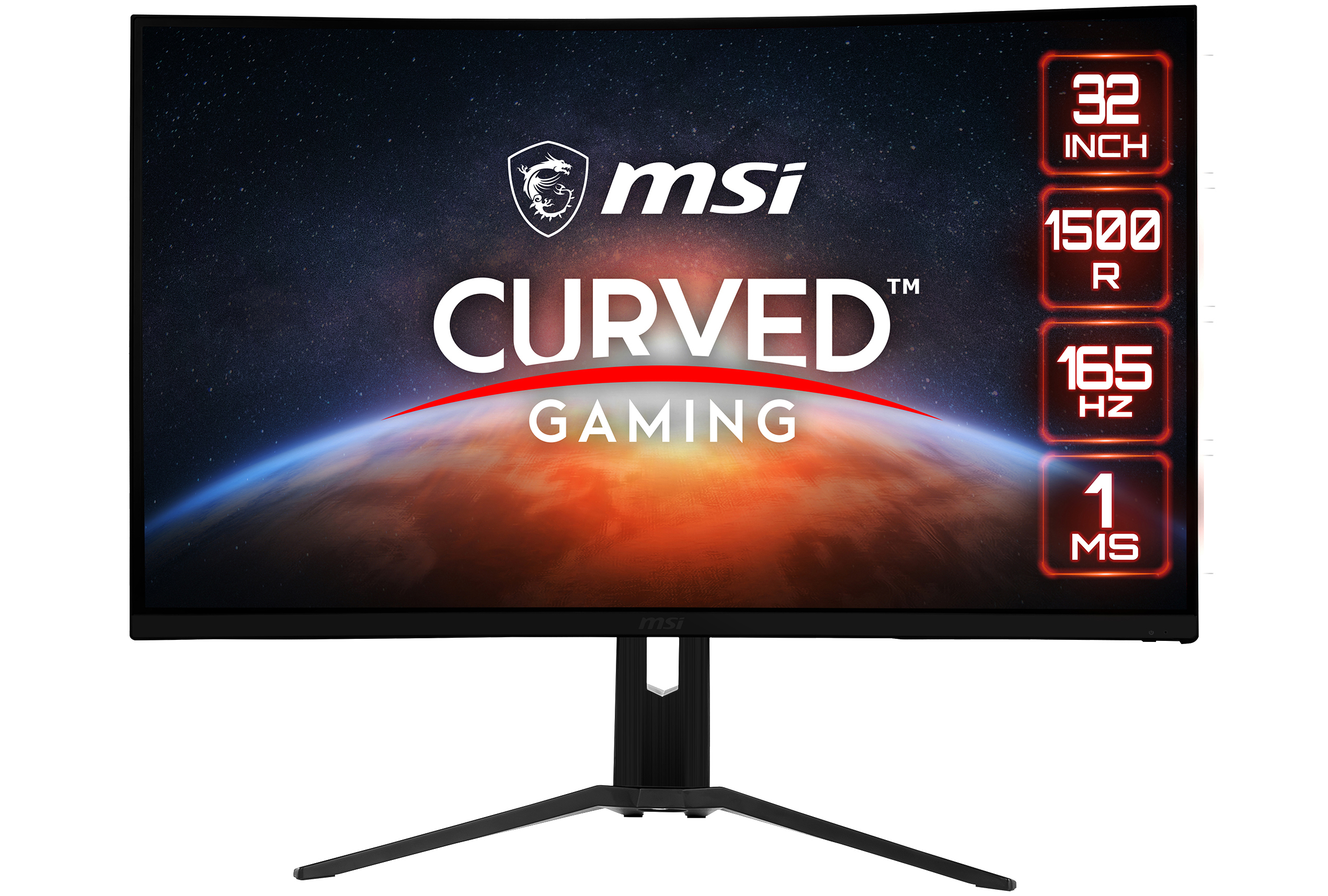 MSI Curved Gaming Monitor mit Bild. Spezifikationen: 32 Zoll, 1500R, 165 Hz und 1 ms.