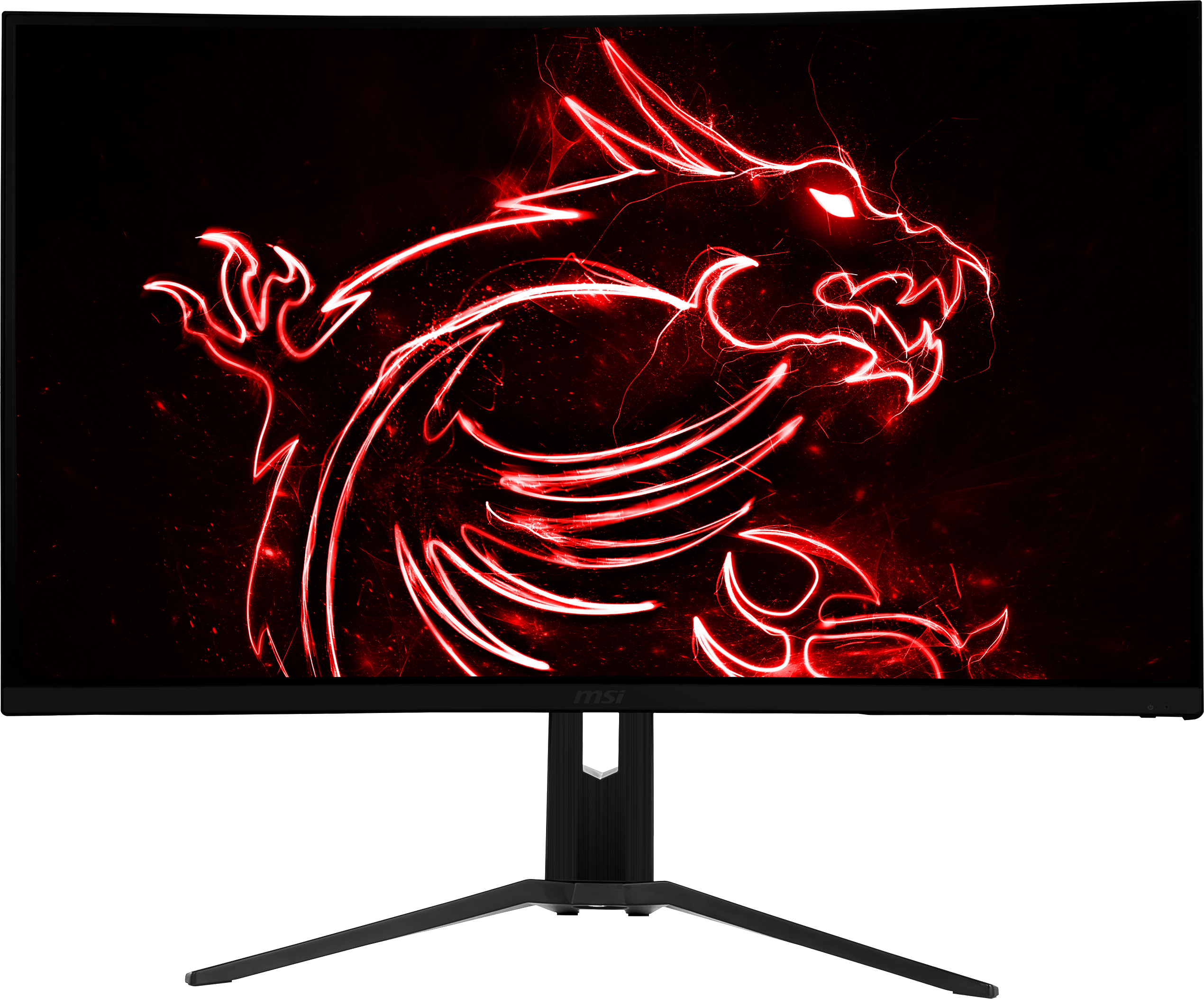 Ein gewölbter Monitor zeigt eine rote Drachengrafik auf schwarzem Hintergrund.