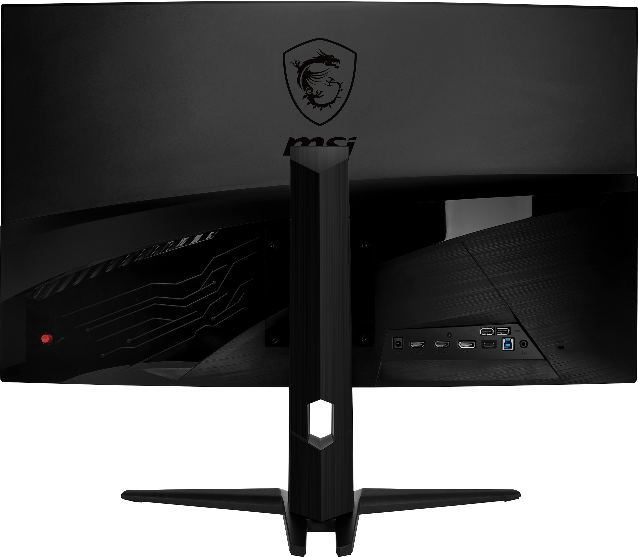 Rückansicht eines schwarzen MSI-Gaming-Monitors mit Ständer. MSI-Logo sichtbar.