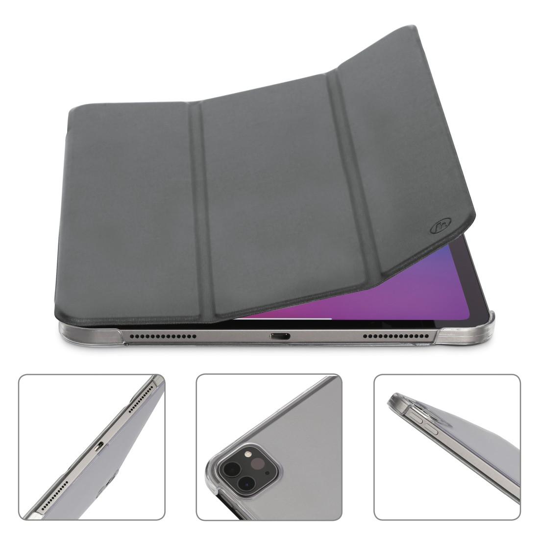 Graue Tablethülle mit einem Tablet darin, mit Nahaufnahmen von Details.