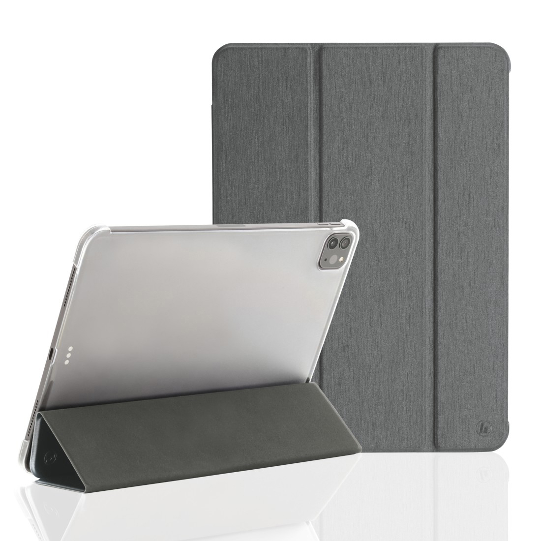 iPad mit Hülle, grau. Ein iPad ist geöffnet, das andere geschlossen.