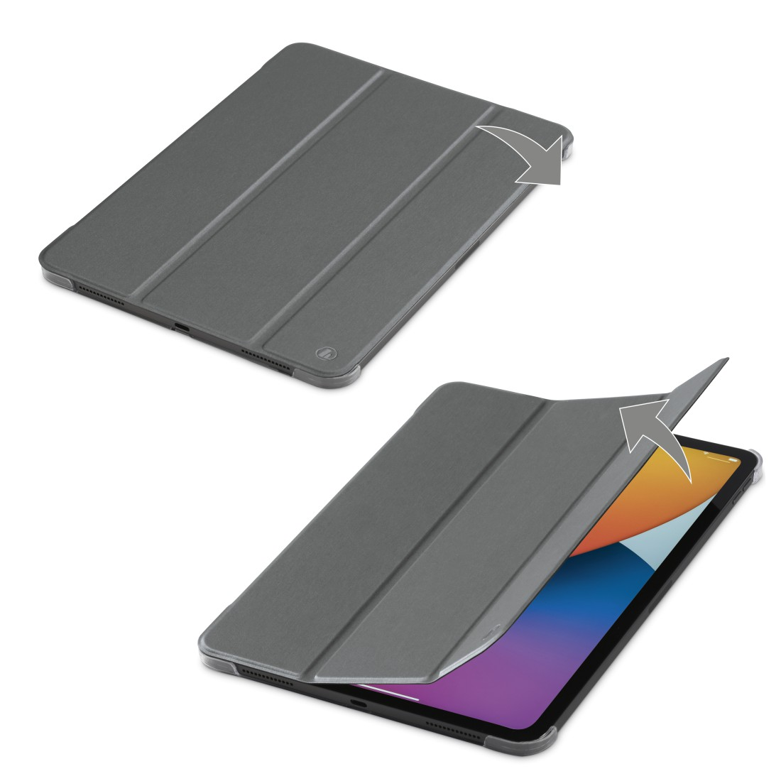 Ein graues Tablet-Etui wird geschlossen und dann teilweise geöffnet, um das Tablet zu zeigen.
