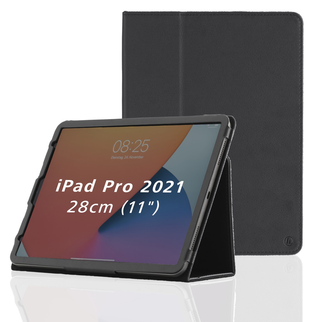 Ein iPad Pro 2021 in einer schwarzen Hülle, mit dem Text 'iPad Pro 2021 28cm (11")' auf dem Bildschirm.