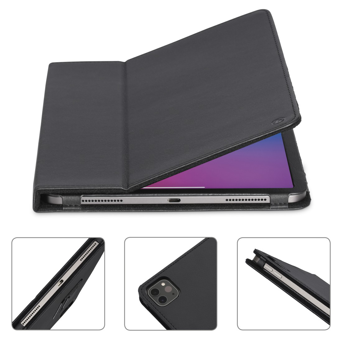 Ein schwarzes Tablet in einer schwarzen Hülle, geöffnet. Drei zusätzliche Nahaufnahmen der Hülle.