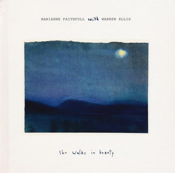 Album borító: Kék és sötét tájkép festmény 'Marianne Faithfull' és 'She walks' felirattal.